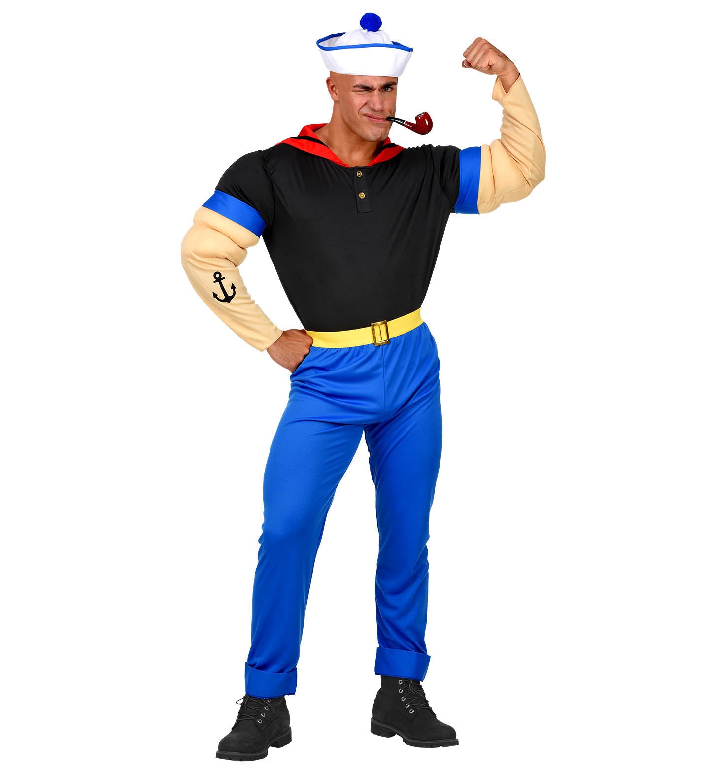 Man in a Super Sailor (Popeye style) costume flexing his muscle arm, wearing the top, pants, belt, hat, and holding a prop pipe.