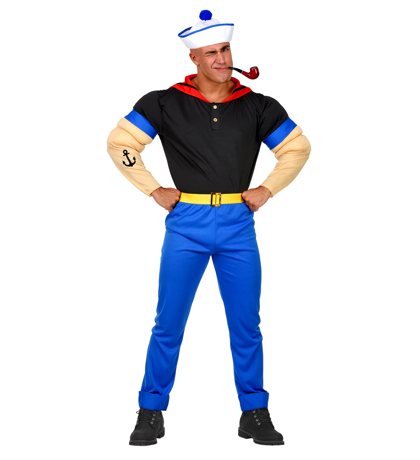 Man models the Super Sailor costume with hands on hips, showing the full outfit including the muscle arms top, blue pants, yellow belt, and sailor hat.