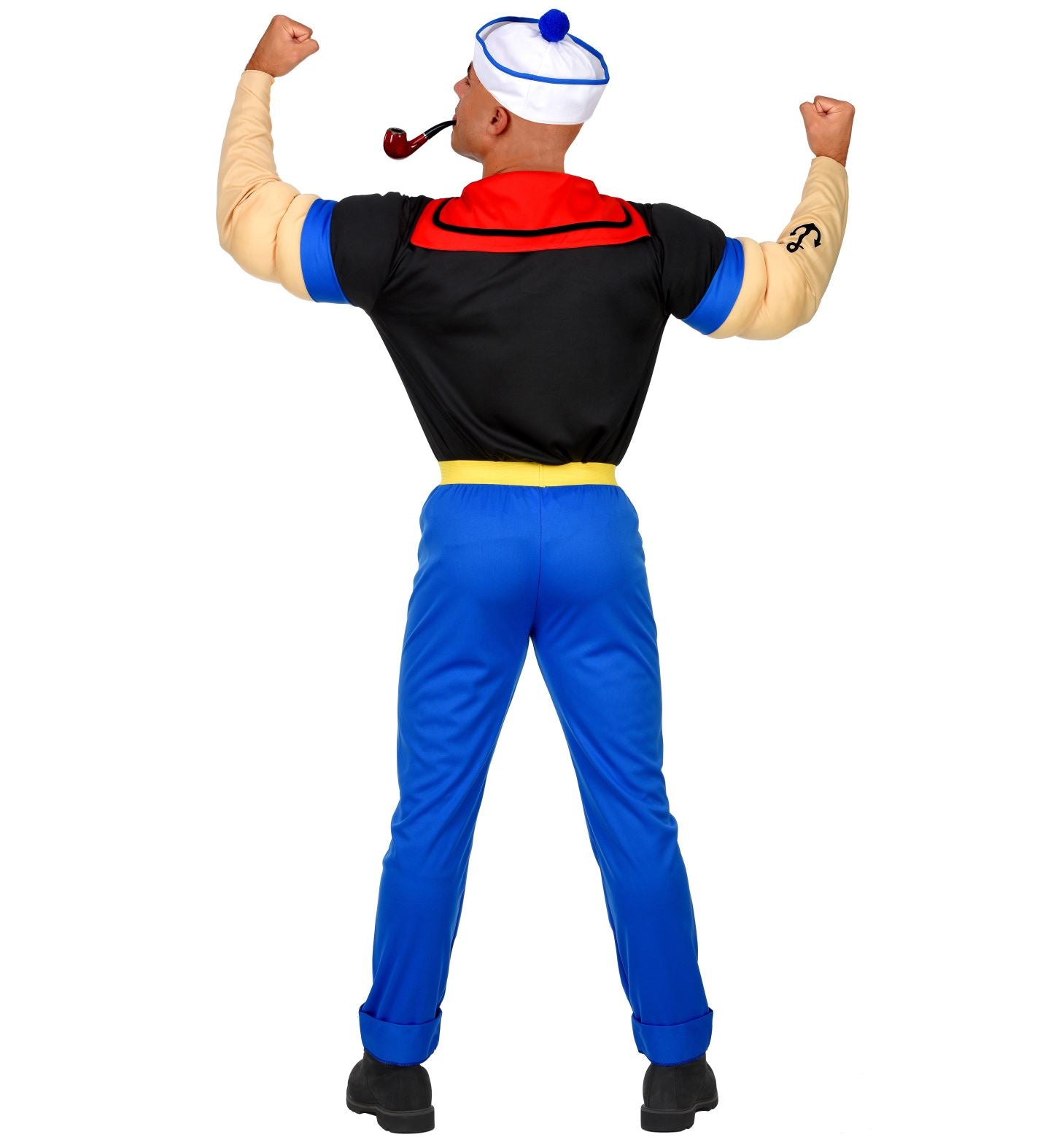Back view of the Super Sailor costume, showing the back of the muscle top, blue pants, and sailor hat.
