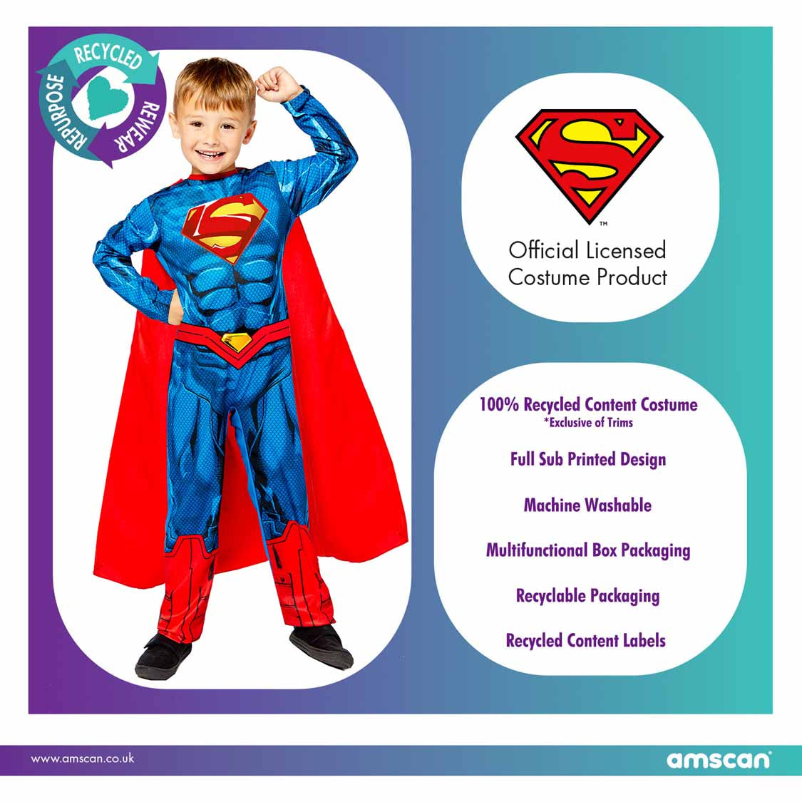 A promotional image for a sustainable kids' Superman costume, highlighting that it is an official licensed product made from 100% recycled content and is machine washable.