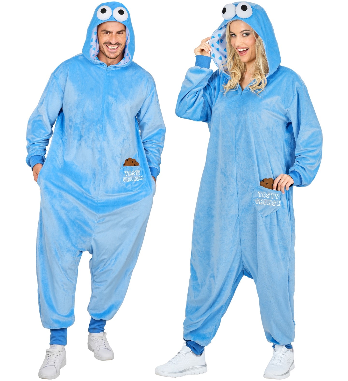 Two people wearing blue Cookie Monster onesies on a white background