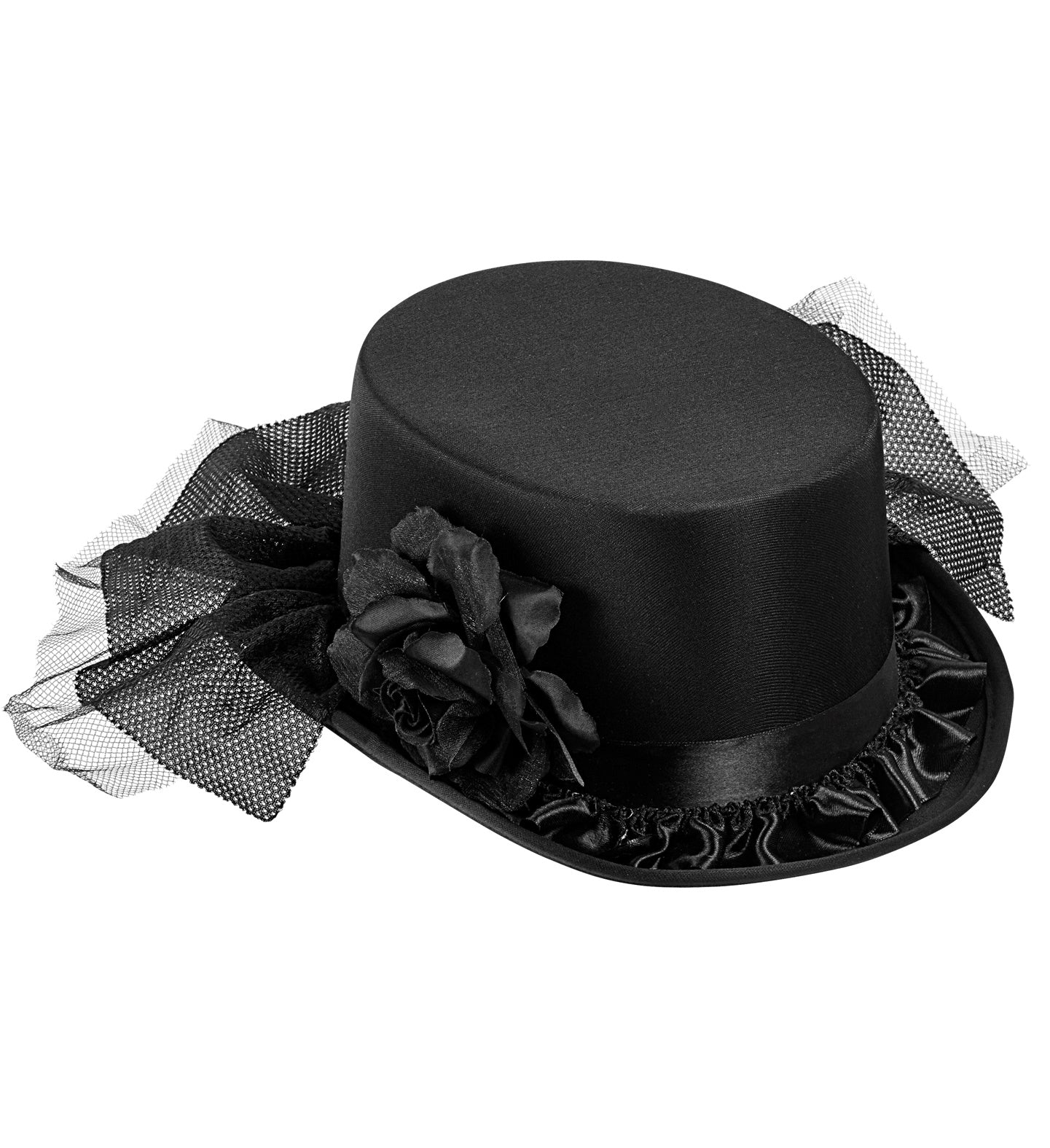 An elegant black mini top hat decorated with a large black fabric rose, black tulle netting, and a ruffled satin trim.