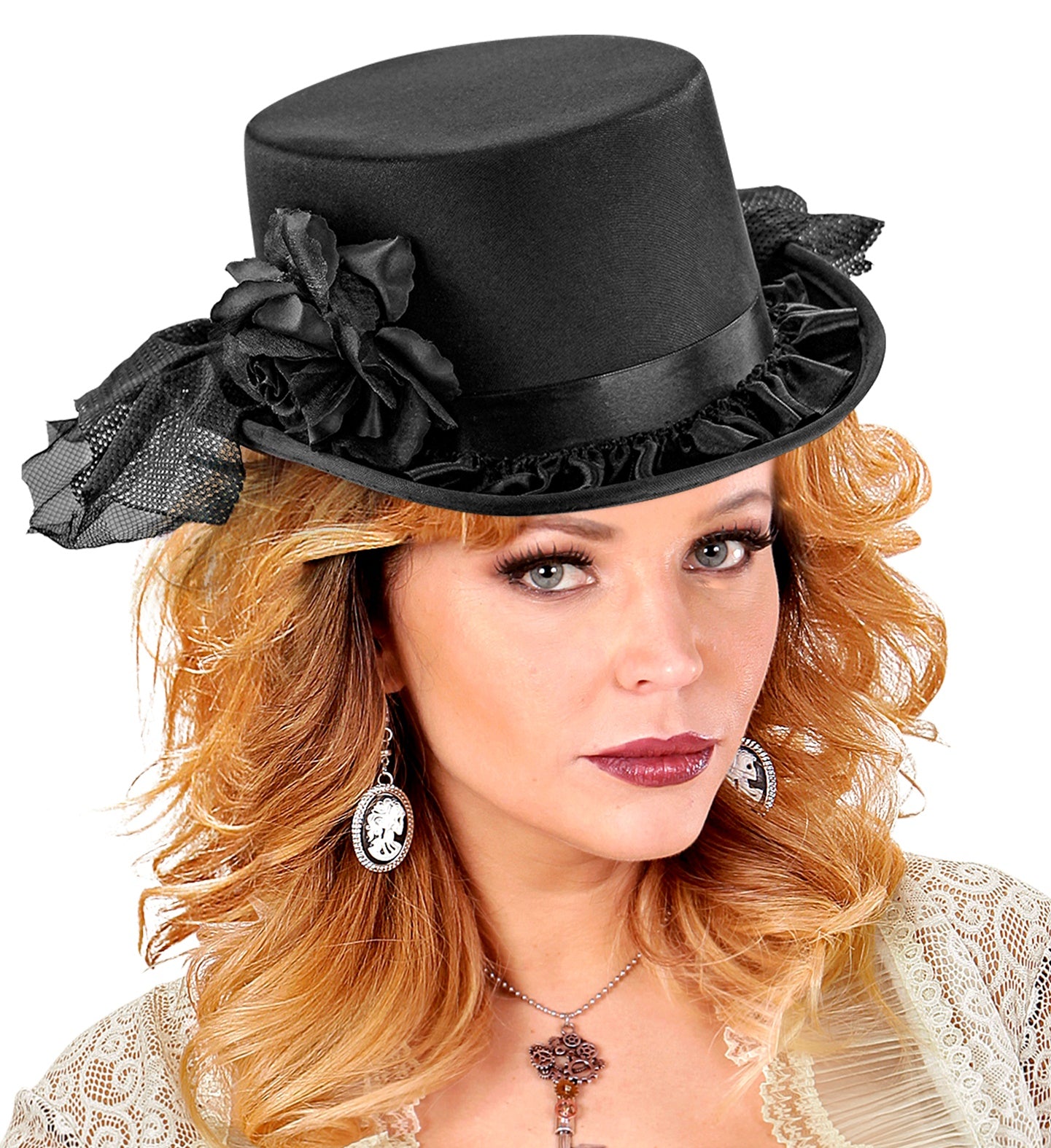 A woman with blonde hair modeling a gothic mini top hat, which is decorated with a black rose and tulle.