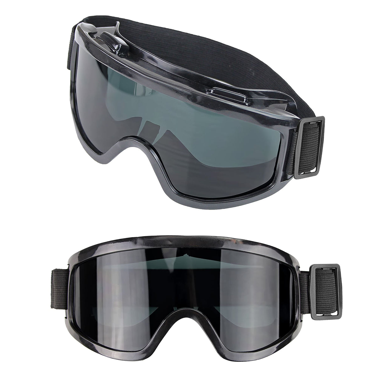 Black wrap-around tactical goggles with dark lenses and adjustable straps.