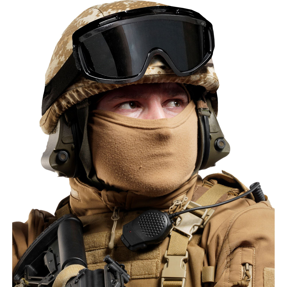 Person in military gear with helmet, goggles, and communication device on a white background