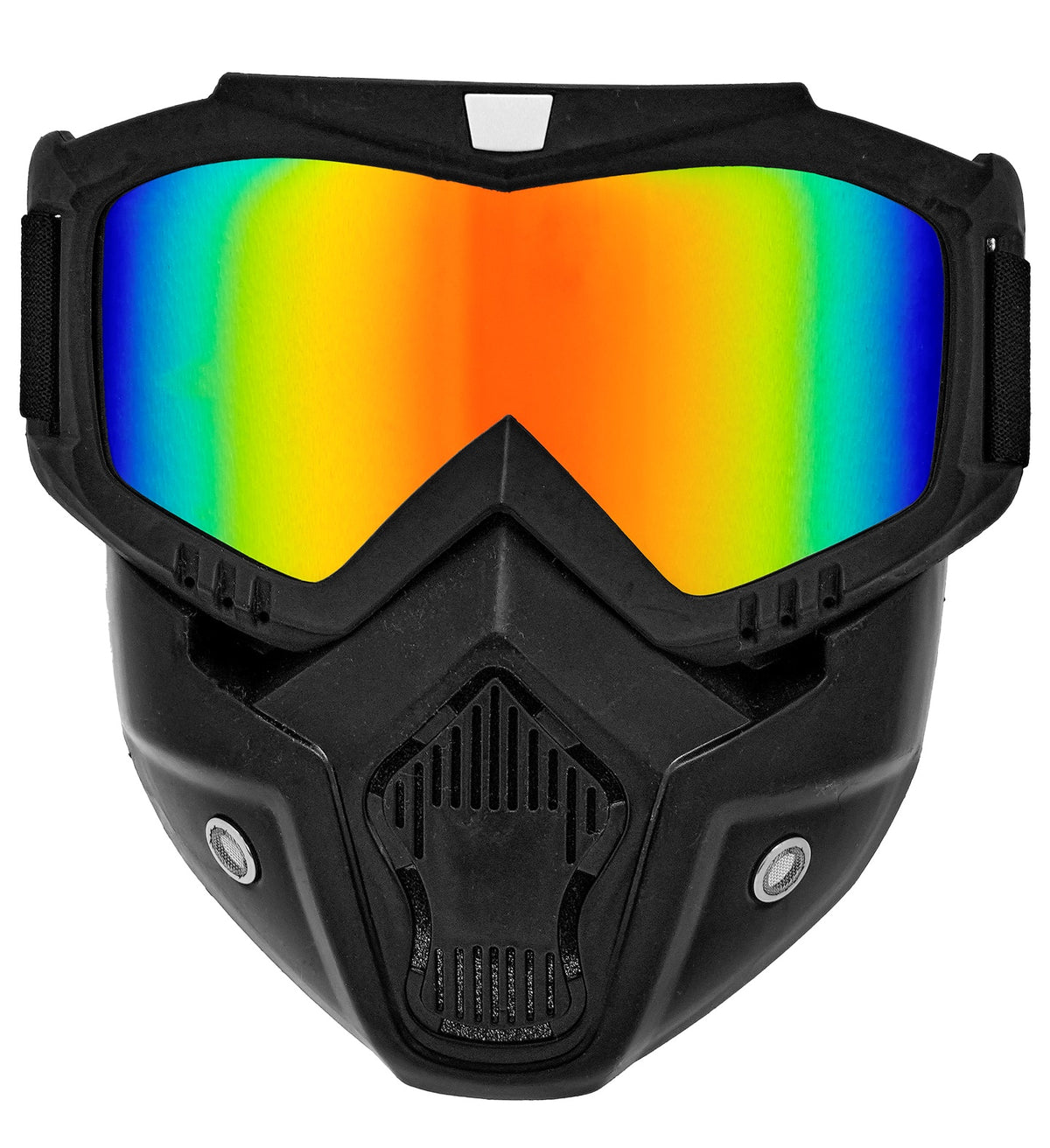 Front view of a black tactical face mask featuring a vented mouth guard and a large iridescent rainbow mirrored lens.