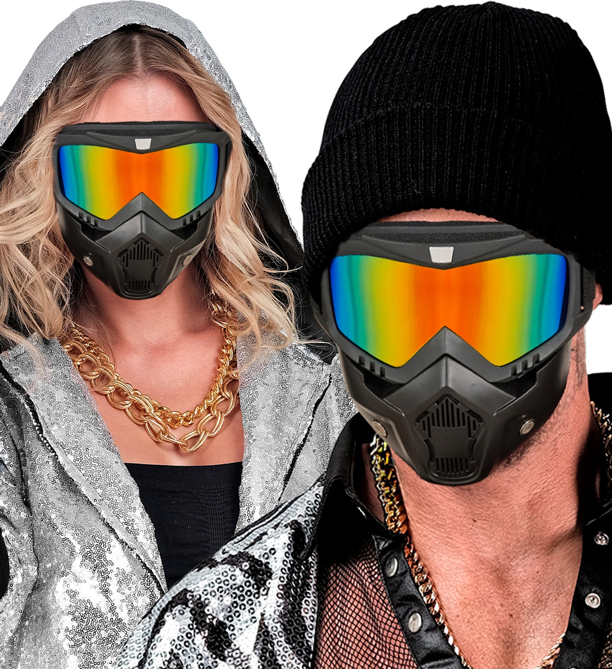 Two models wearing black tactical masks with mirrored lenses; the woman wears a silver sequin hoodie and gold chain, while the man wears a black beanie and fishnet shirt.