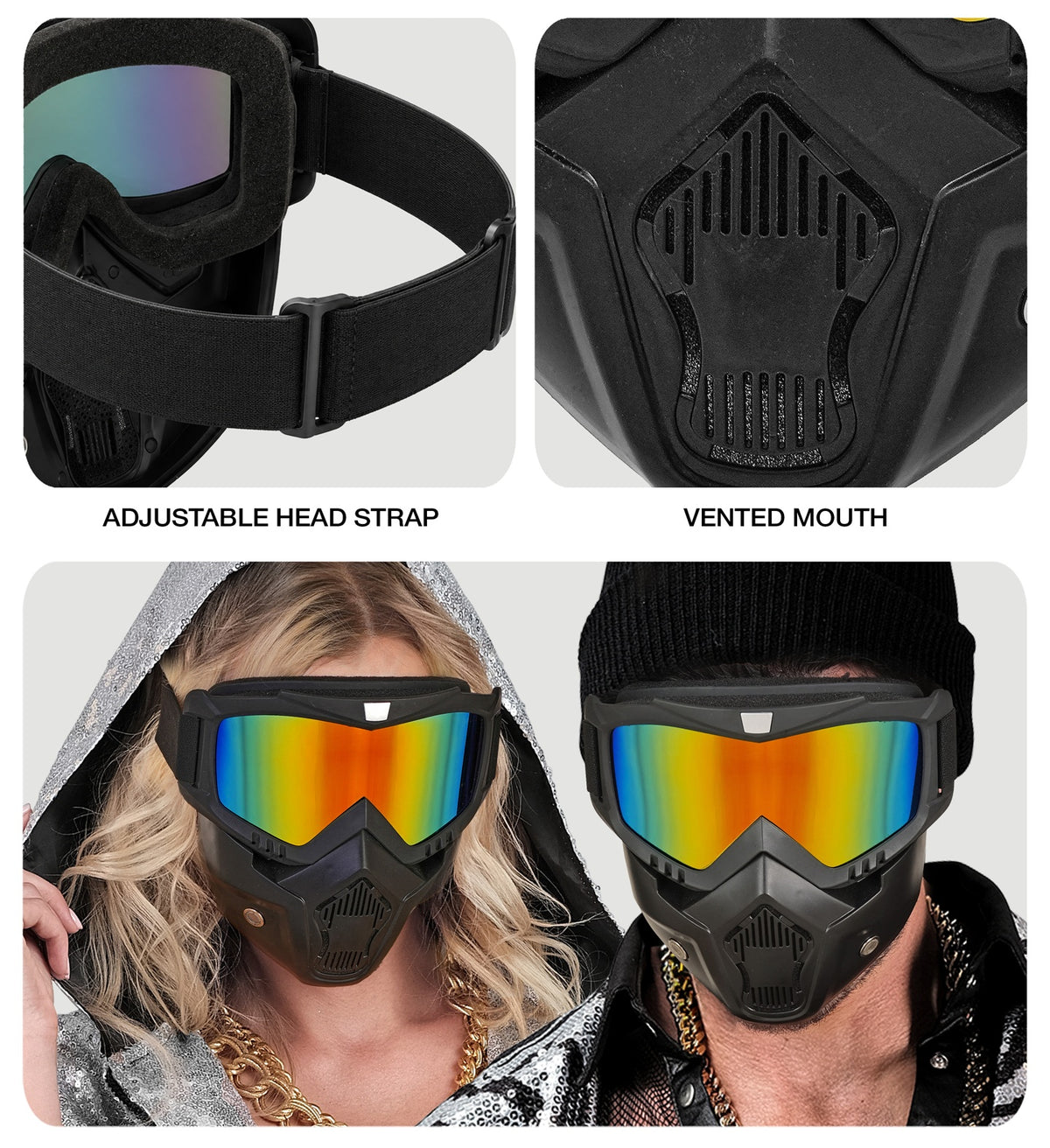 A four-panel collage showing close-up details of the mask's adjustable head strap and vented mouth guard, alongside two models wearing the accessory.