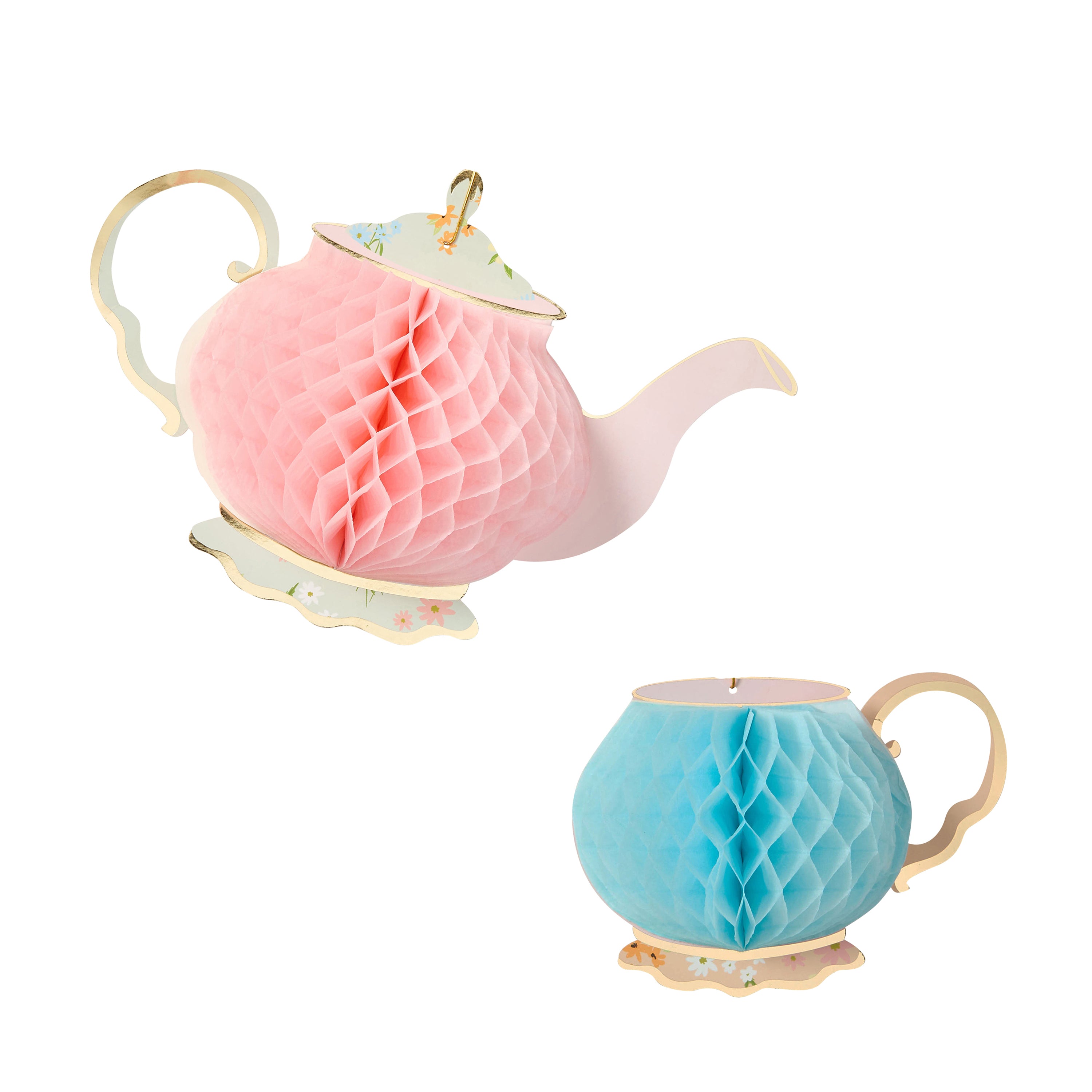 Pack of 2 tea party honeycomb decorations featuring a pink teapot and a light blue teacup with gold foil accents.