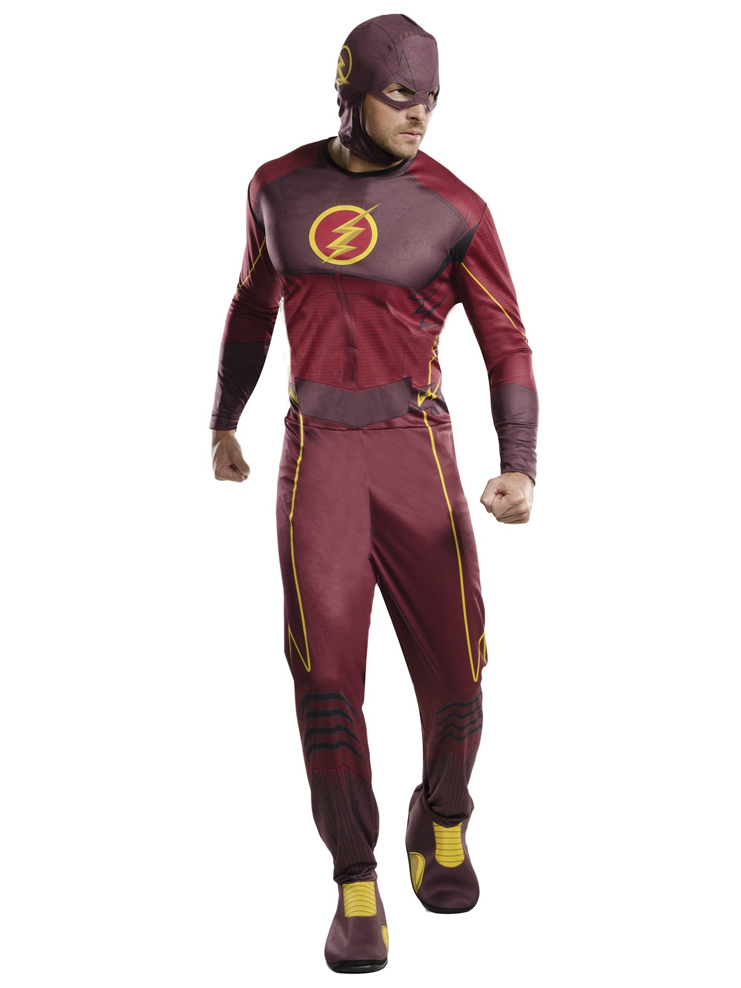 Adult men's Deluxe The Flash costume with muscle chest jumpsuit, headpiece, and boot covers