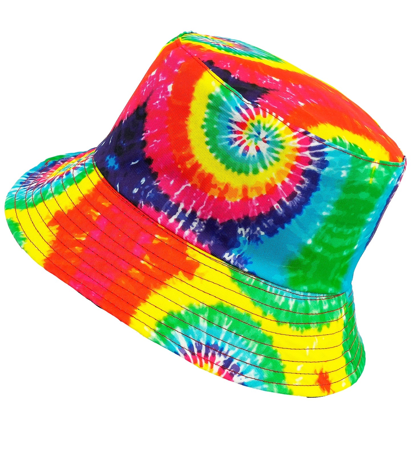 Side view of a Tie Dye Bucket Hat against a white background, highlighting the intense rainbow spiral pattern and stitched brim detail.