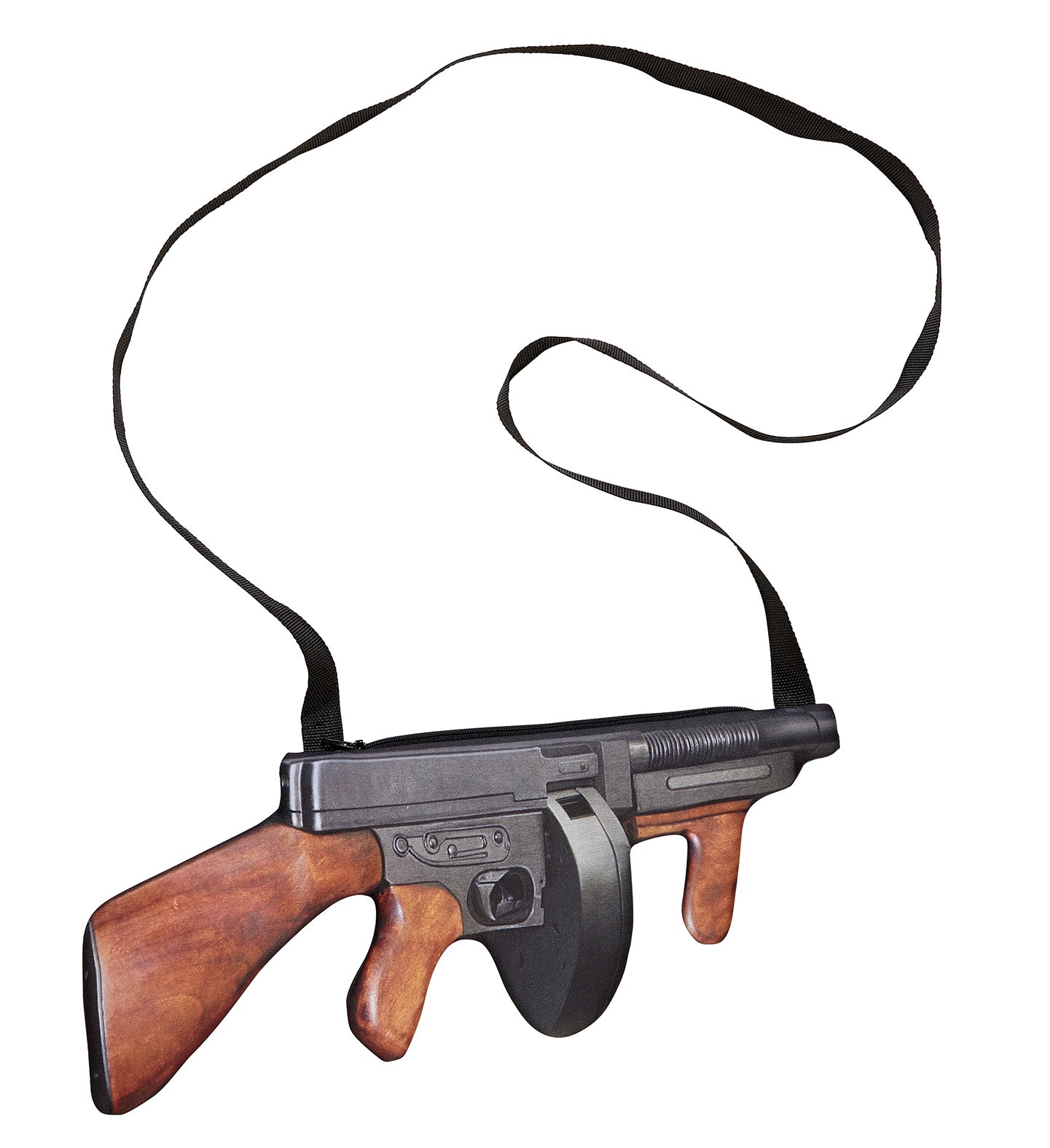 A close-up of a novelty handbag shaped like a classic Tommy Gun, featuring a brown and black design and a black shoulder strap, isolated on a white background.