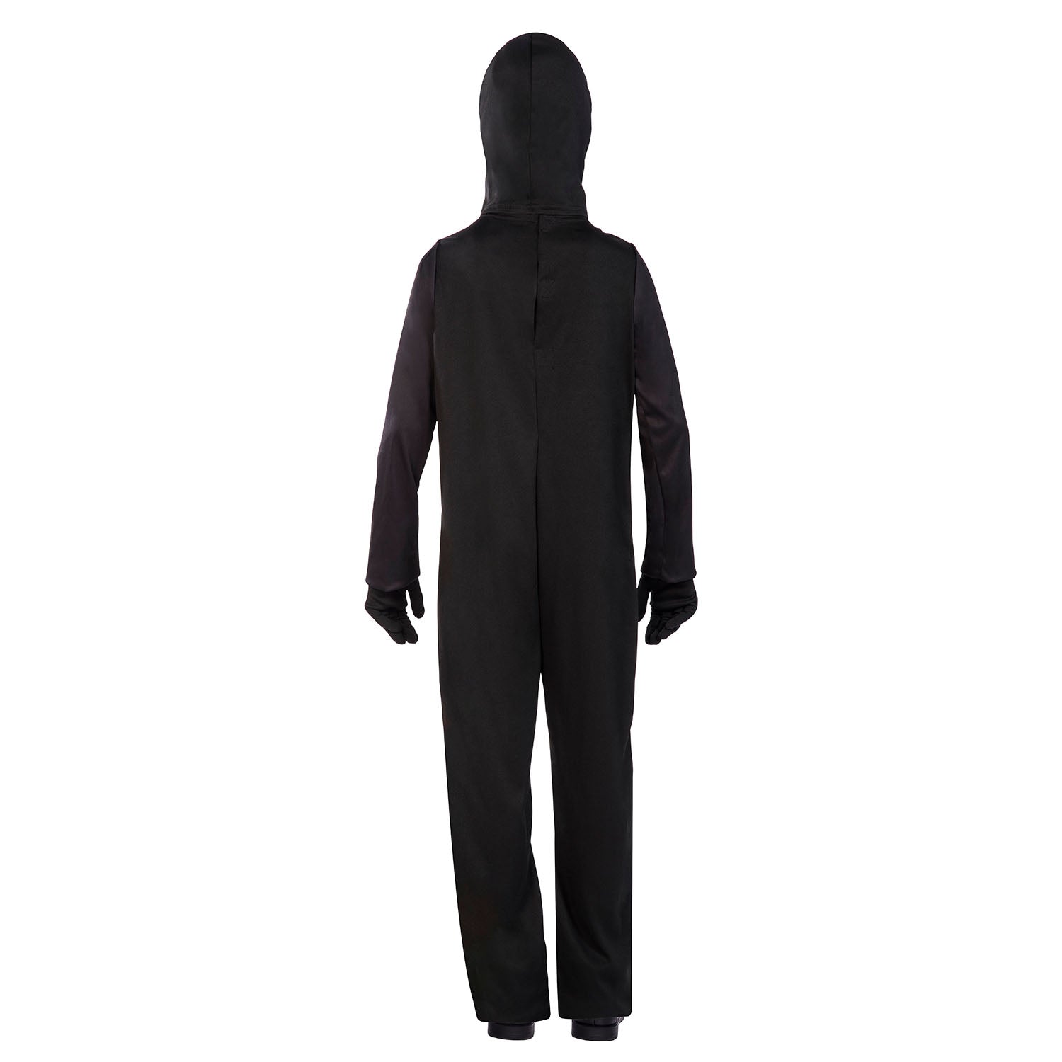 A back view of a person in a black, full-body skeleton costume with a hood, showing the plain black fabric from behind, with black gloves.