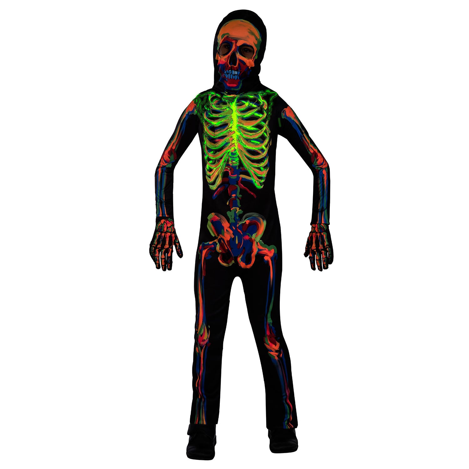 A person in a black, full-body skeleton costume with a hood, standing with arms slightly outstretched. The printed bones on the costume are glowing a vibrant neon green, orange, red, and blue against a dark background, showcasing its glow-in-the-dark effect.