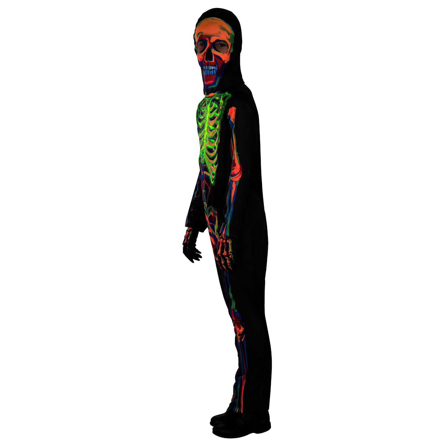A profile view of a person wearing a black skeleton costume with a hood. The printed bones on the costume's face, torso, and limbs are glowing in vibrant neon colors (green, orange, blue), creating a glowing silhouette against a white background.