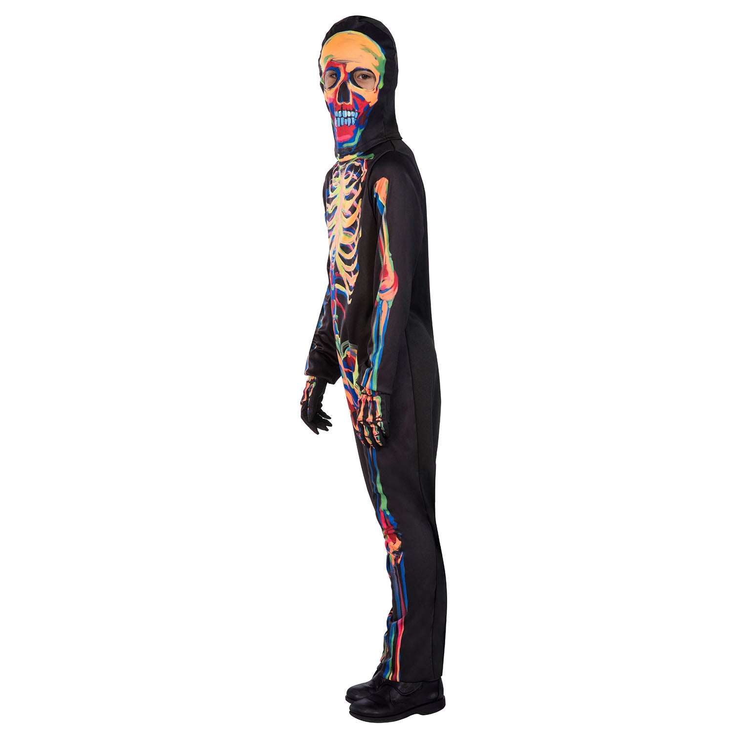 A side profile view of a person wearing a black, full-body skeleton costume with a hood. The printed bones on the costume's face, torso, and limbs are in vibrant, multi-colored hues (yellow, orange, red, blue, green), seen against a white background.