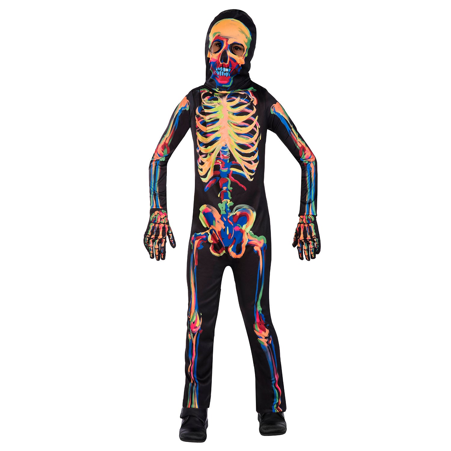 A person in a black, full-body skeleton costume with a hood, standing with arms slightly outstretched. The printed bones on the costume are in vibrant, multi-colored hues (yellow, orange, red, blue, green) against a black background.