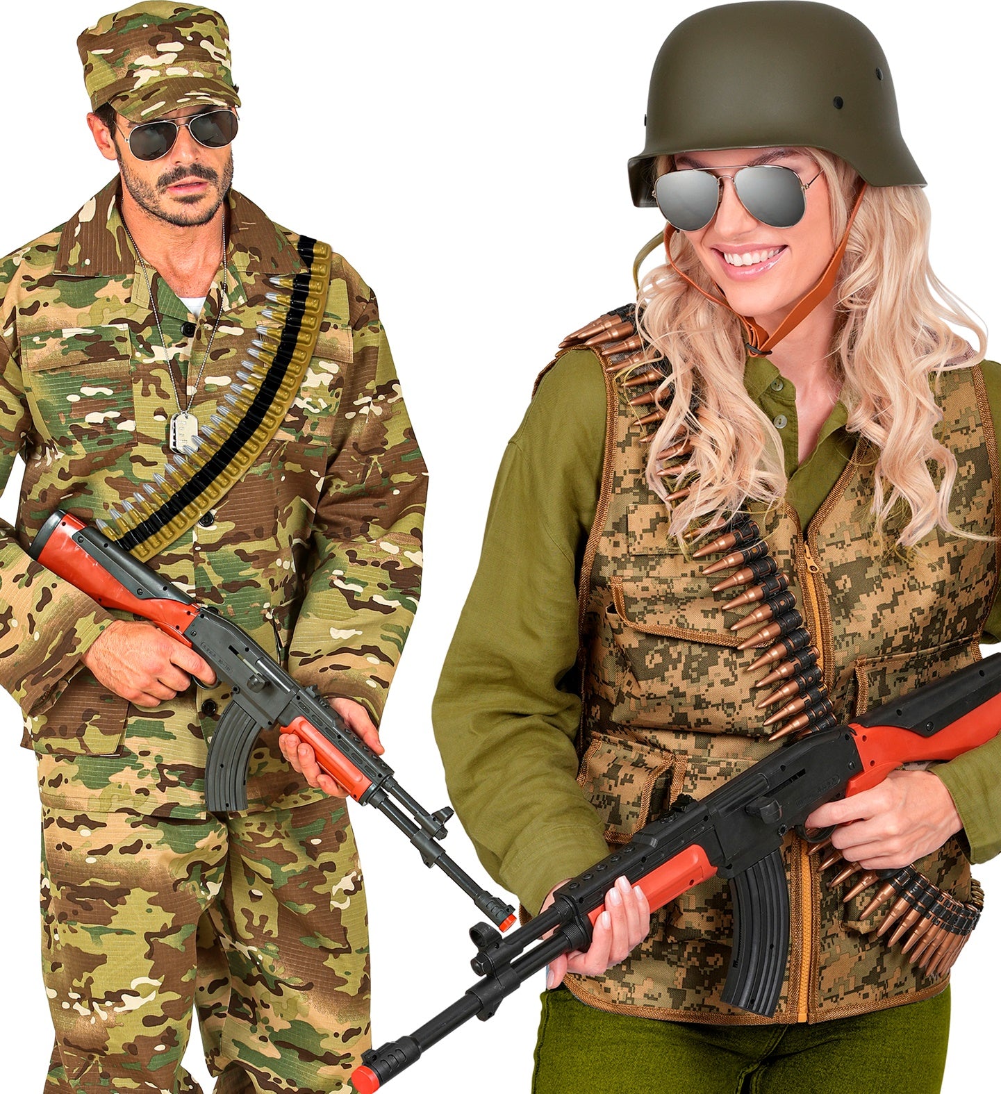 A man and woman in full camouflage gear posing with matching 75cm toy rifles, perfect for a squad costume look.