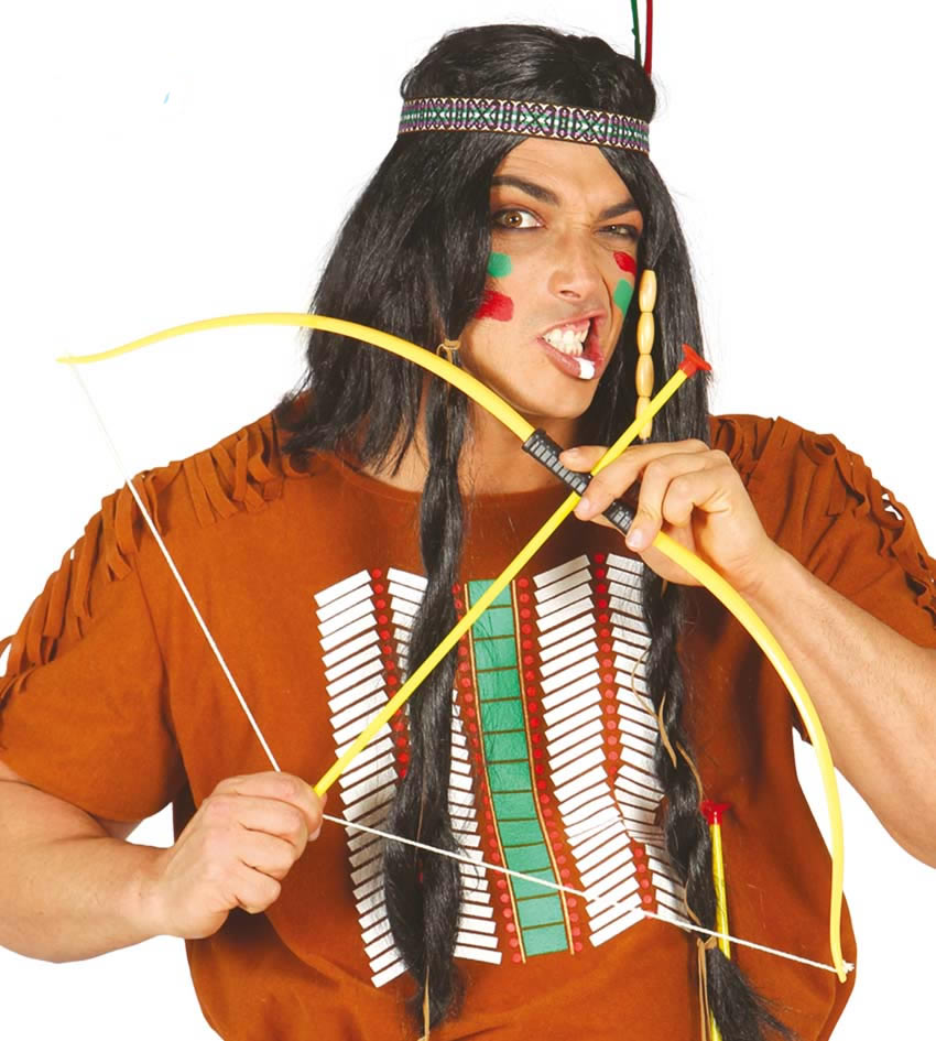 Person in Native American costume with bow and arrow on a white background