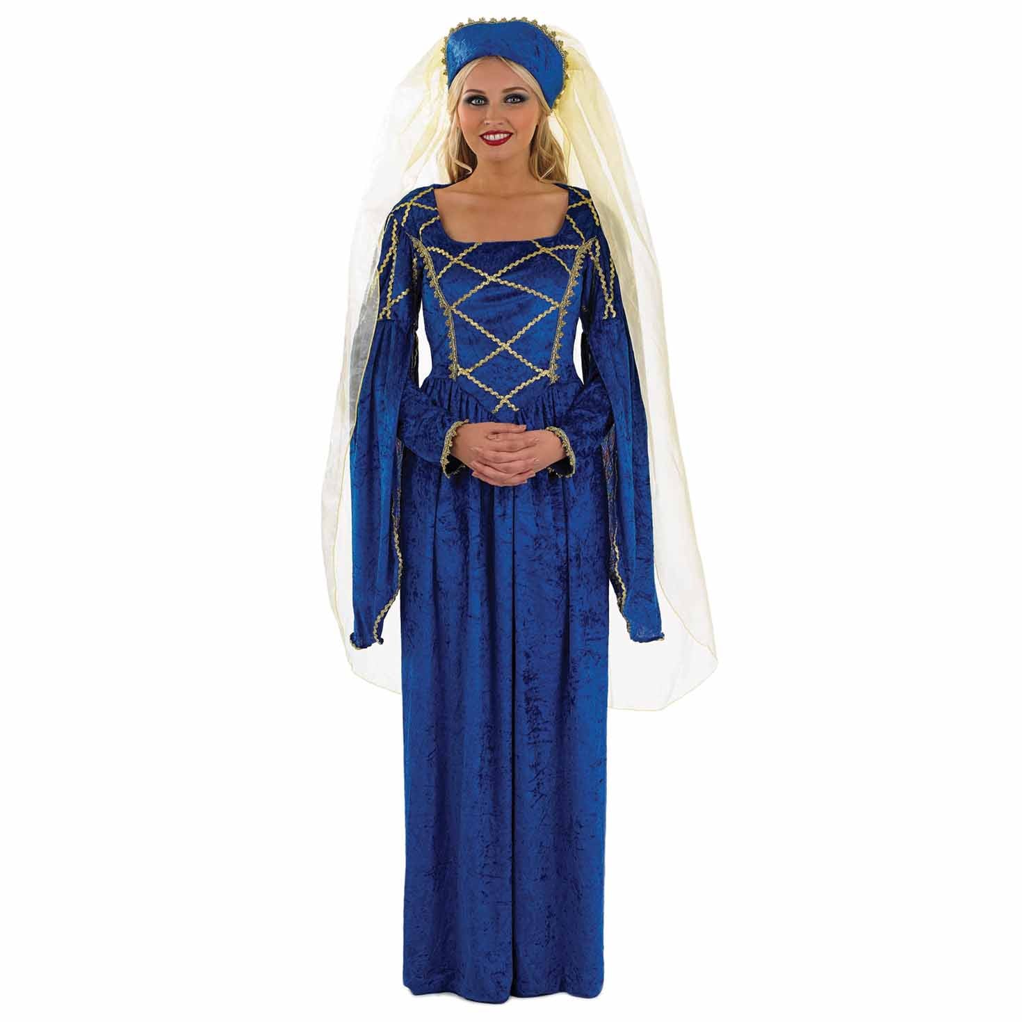 A woman smiling while modeling a blue Tudor Lady fancy dress costume, featuring a long blue velvet-look dress with gold braiding on the bodice and a matching blue headpiece with a sheer veil.