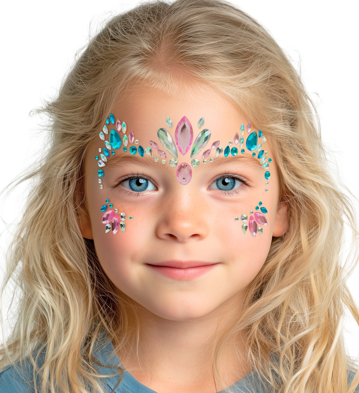 Close-up of a child wearing a symmetrical crown of unicorn face jewels in pink, teal, and iridescent tones.