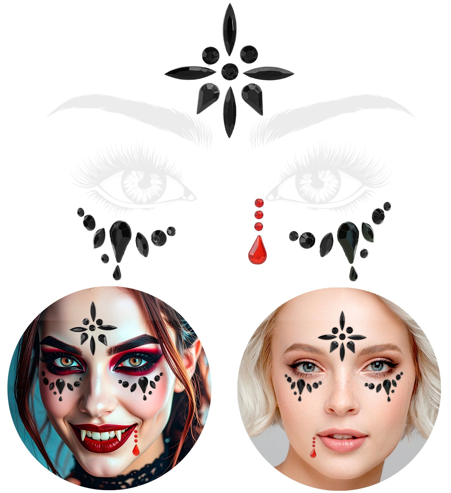 The full layout of the self-adhesive vampiress face jewel kit showing forehead, cheek, and lip pieces.