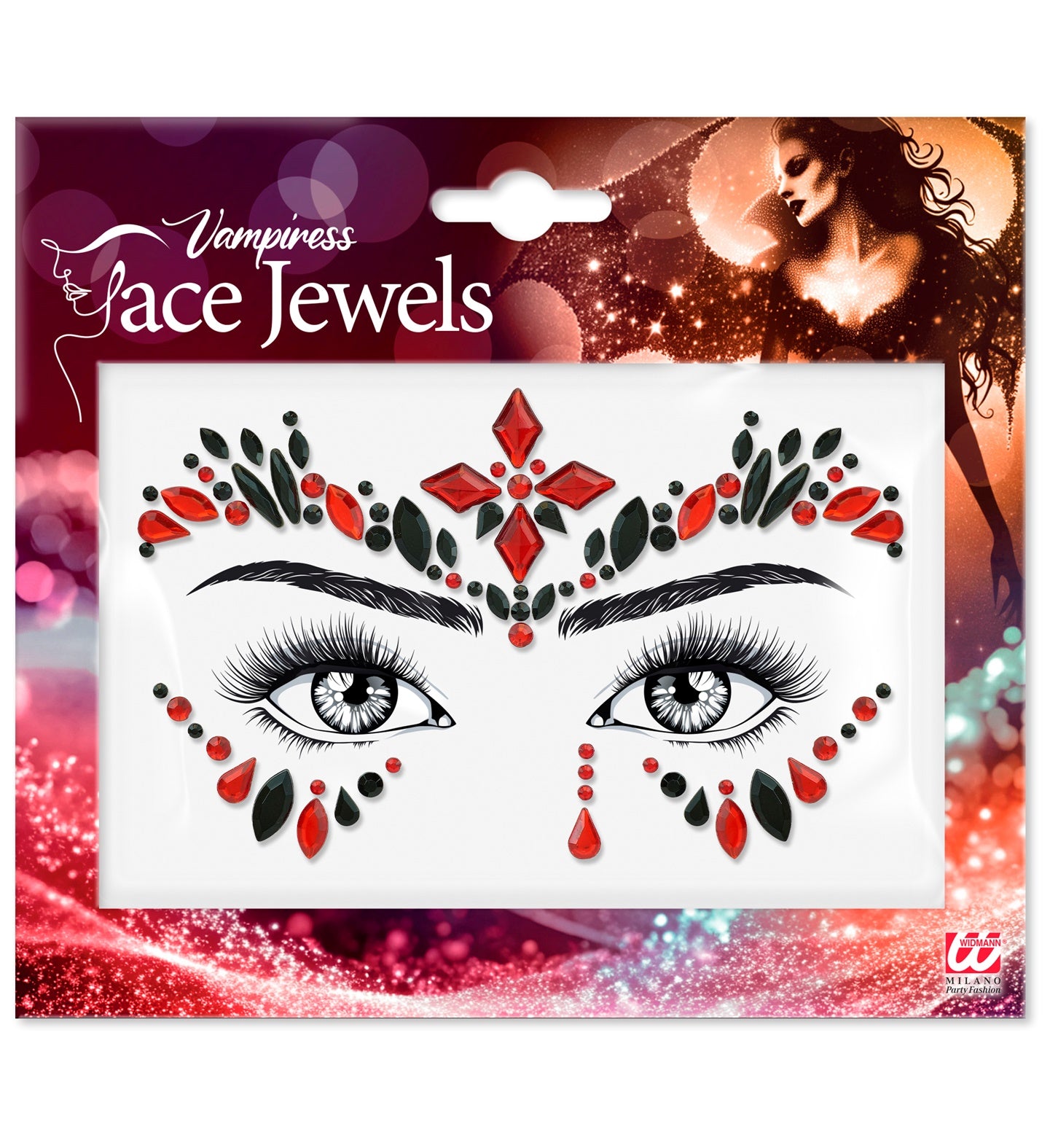 Packaging of Vampiress face jewels with decorative design on a colorful background