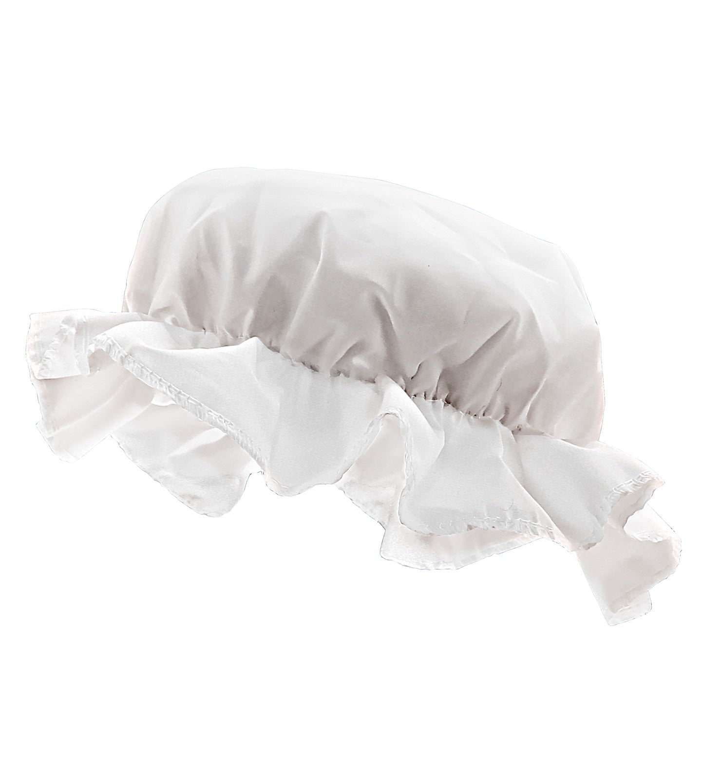 Side view of a crisp white fabric Victorian mop cap highlighting the gathered elasticated design and ruffled brim.
