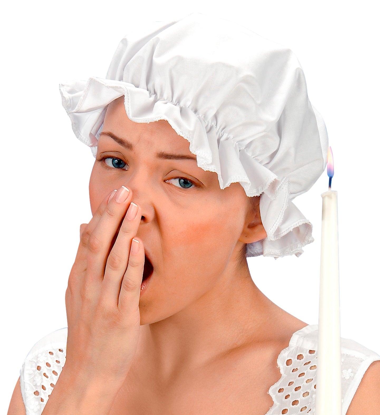 A person wearing a white ruffled Victorian mop cap while yawning next to a lit candle, styled as an old-fashioned nightgown look.