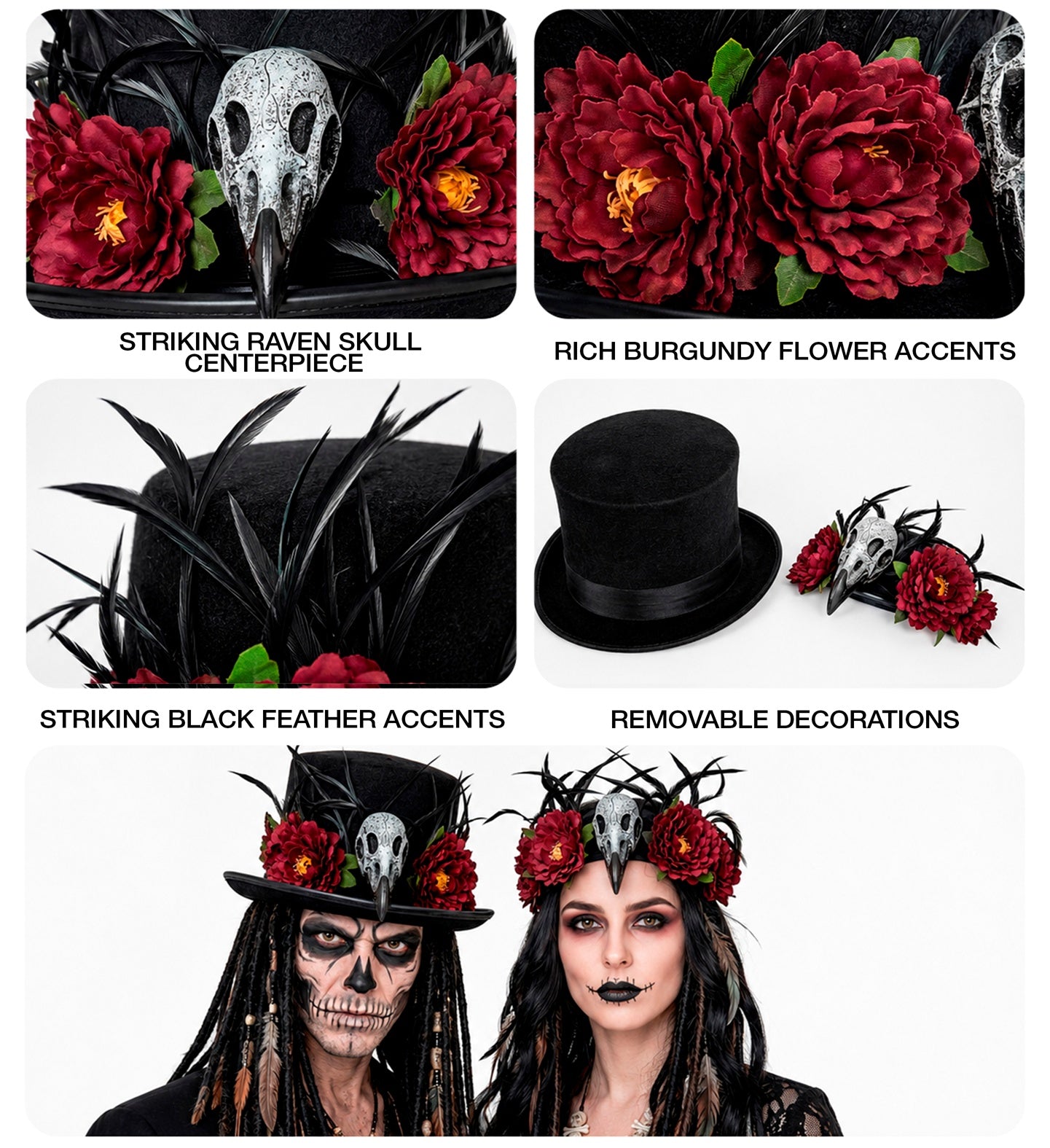 Voodoo Top Hat with Vulture Skull & Flowers