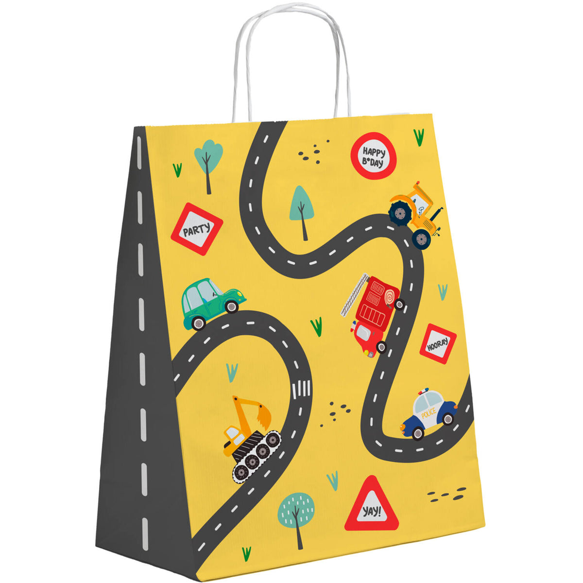 The back packaging view of the Wacky Wheels gift bags, showing the yellow side of the bag, the white twisted paper handles, and the black side gusset with white road markings.