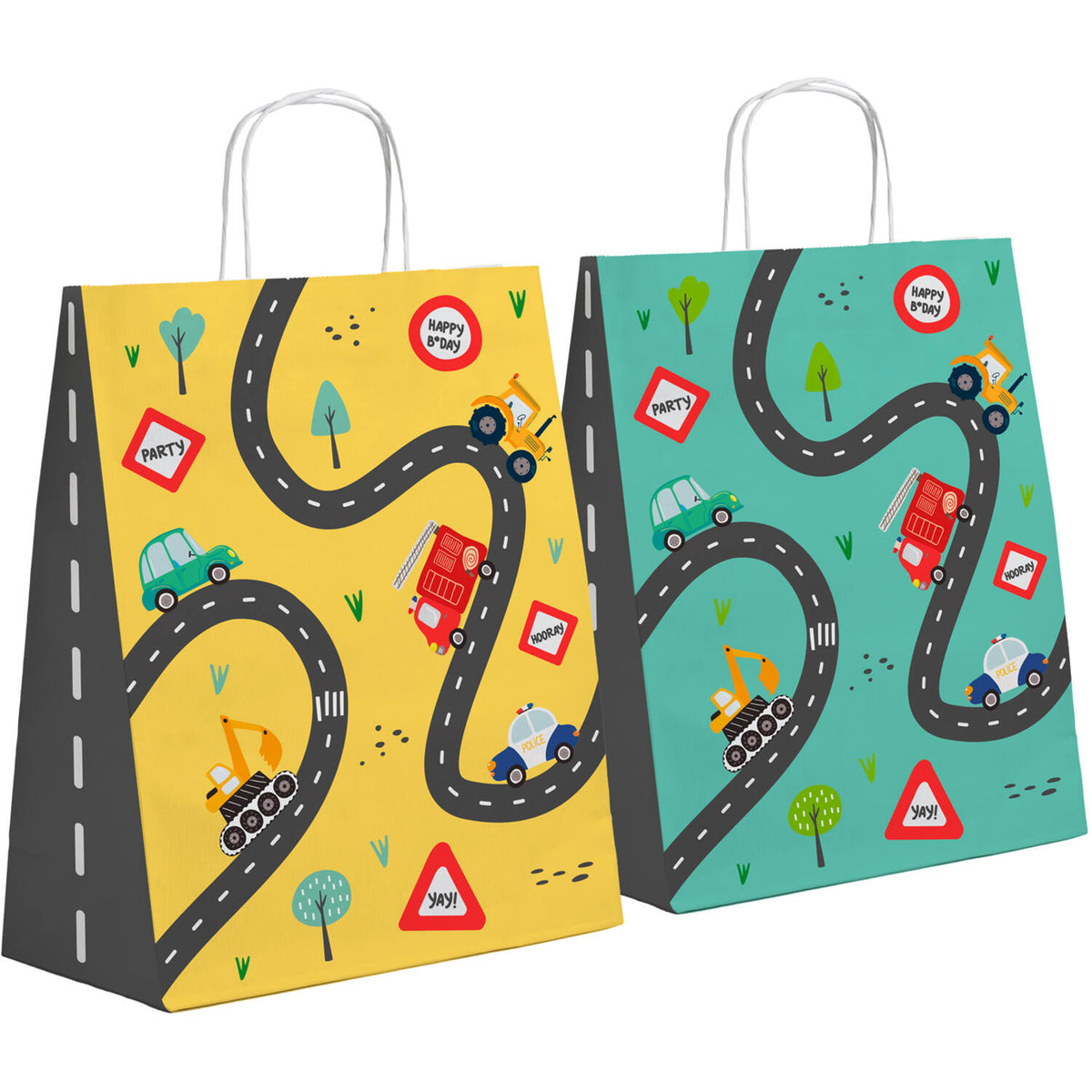 Two Wacky Wheels paper gift bags placed side-by-side, showcasing the bright yellow design on the left bag and the matching turquoise design on the right bag.