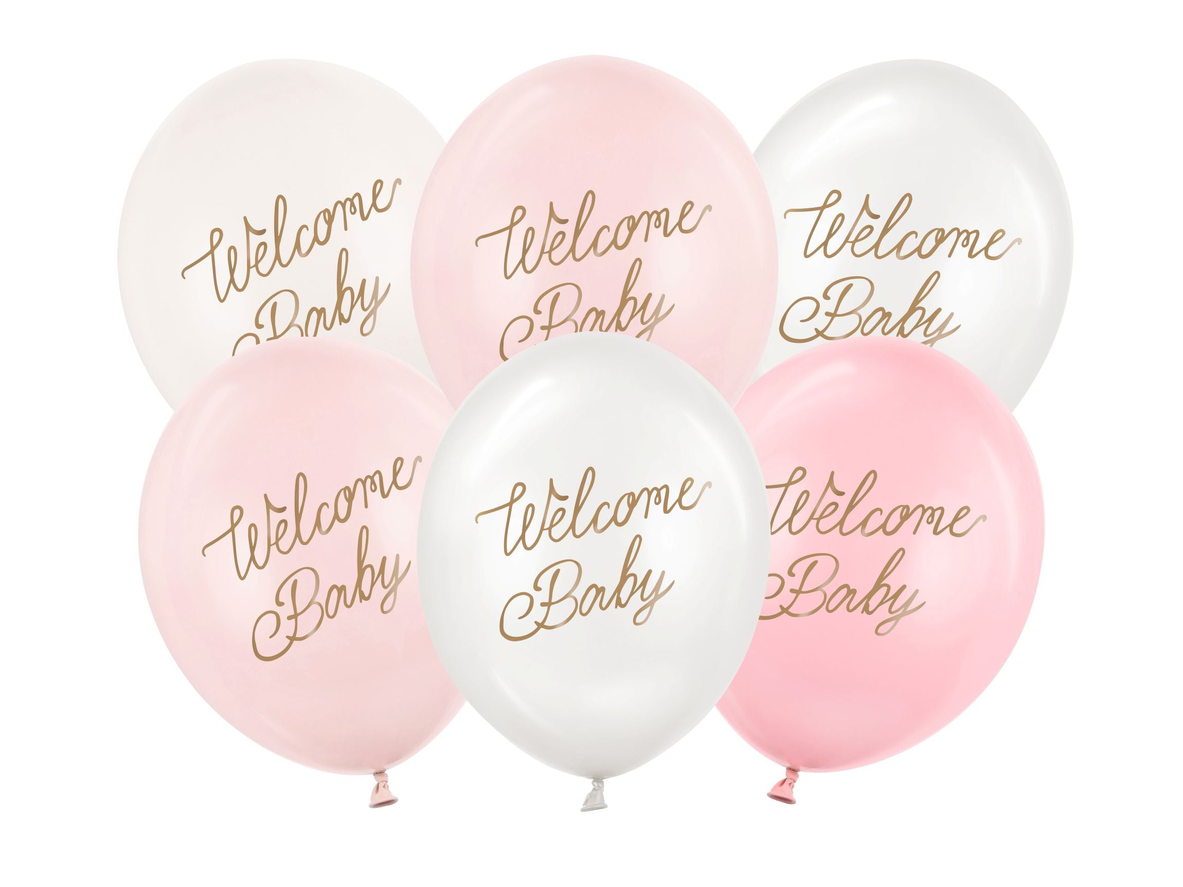Six Welcome Baby balloons in pastel pink tones and white with gold double-sided script.