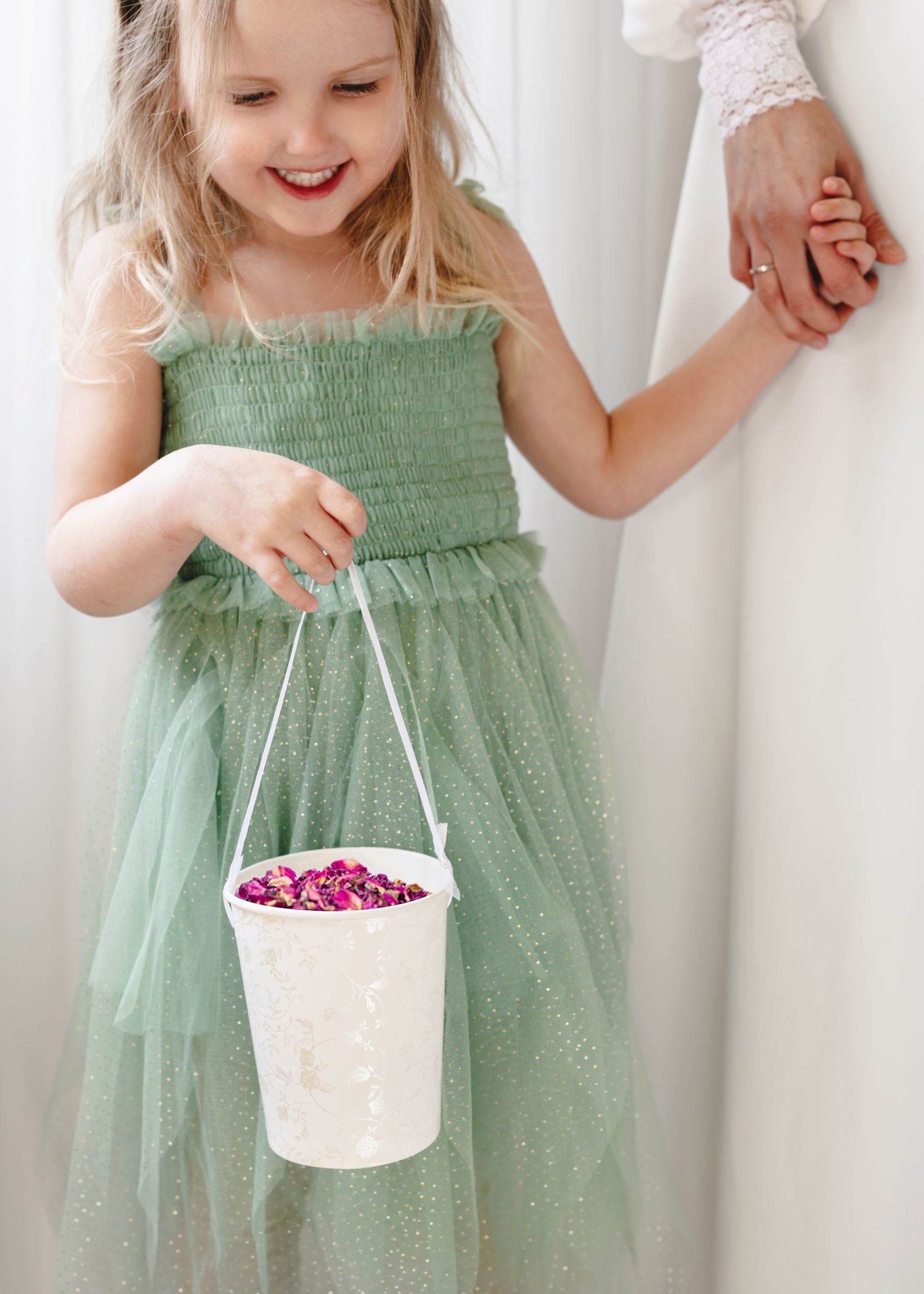 White Flower Girl Bucket with floral print