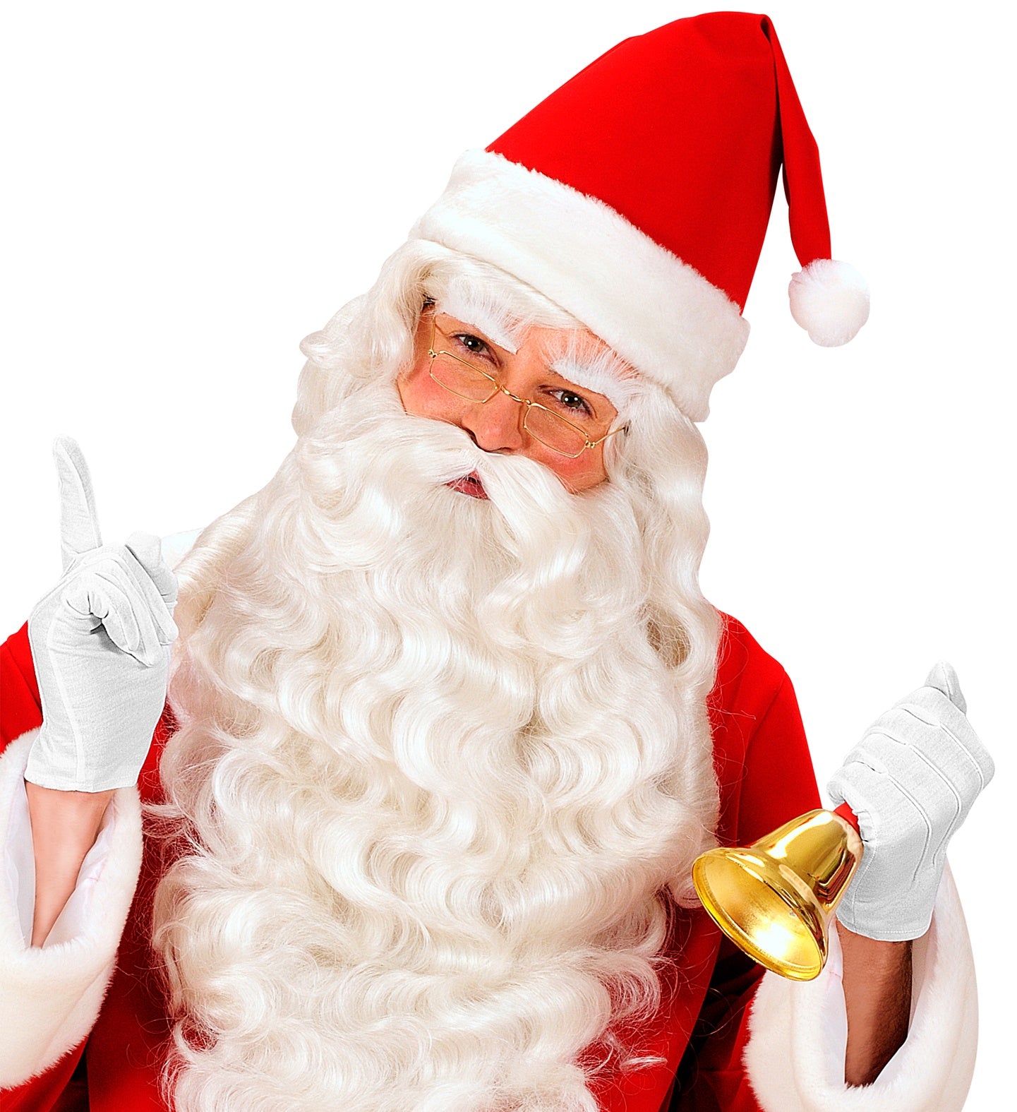 A person dressed as Santa Claus pointing and holding a bell, wearing the classic white XL adult gloves.