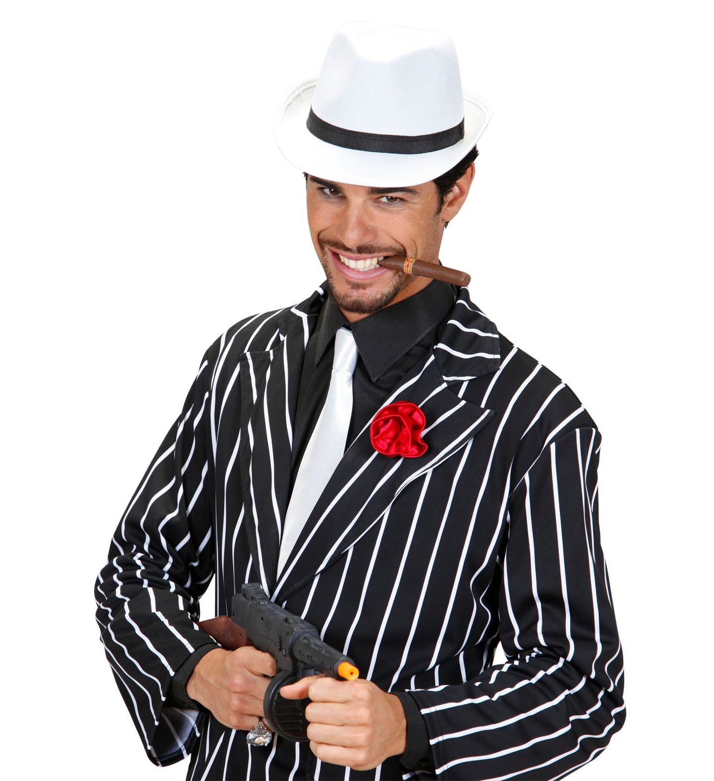A man dressed as a 1920s mobster wearing a black and white pinstripe suit with a red lapel flower, holding a prop Tommy gun and a cigar, styled with a white fedora hat with a black band.