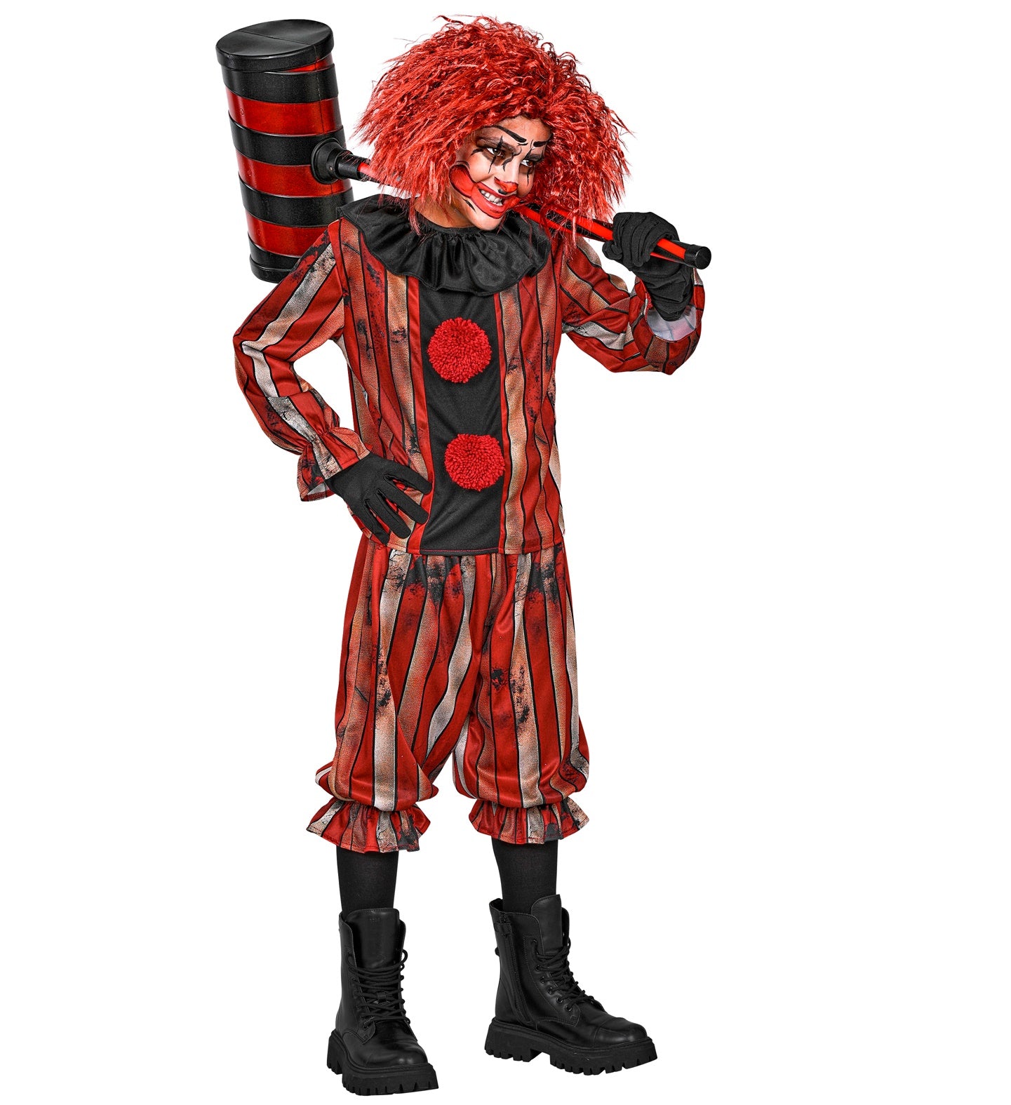 A child model posing playfully as a creepy circus clown, resting a giant toy carnival hammer on his shoulder, wearing a vintage-style red and silver distressed striped coat with a black neck ruff, and matching puffed pants.