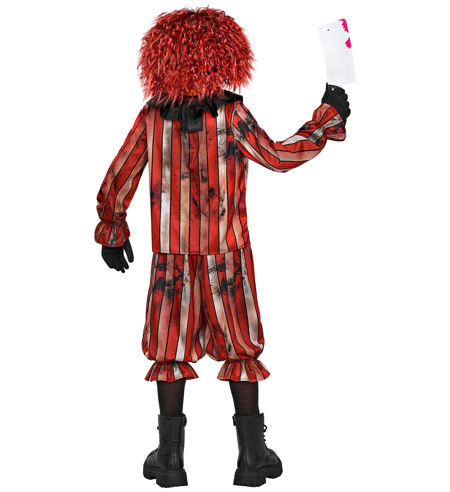 The back view of a child wearing a wicked clown fancy dress costume holding a fake bloody toy cleaver, showing the distressed red and silver striped design on the back of the coat and pants, the black neck ruff, and a messy red clown wig.