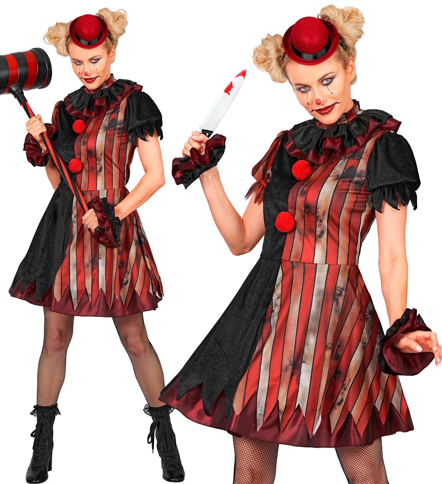 A split photo showing two terrifying ways to pose in the women's wicked clown fancy dress costume; on the left, holding a giant toy carnival hammer, and on the right, menacingly holding a bloody prop knife.