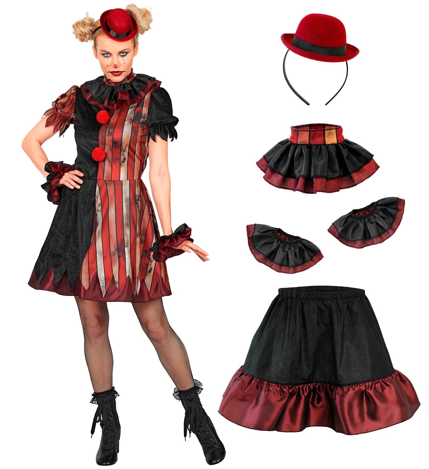 A product layout showing a female model wearing a wicked clown costume alongside isolated views of the included accessories: the mini red bowler hat on a headband, a double-layered ruffled neck collar, two wrist cuffs, and a black pettiskirt with red ruffled trim.