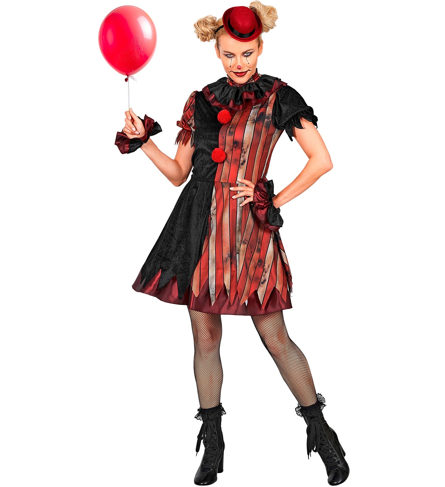 A model dressed as a creepy circus clown holding a single red balloon, wearing a vintage-style red and black striped dress with red pom-poms, fishnet tights, black boots, a ruffled neck collar, and a tiny red hat.