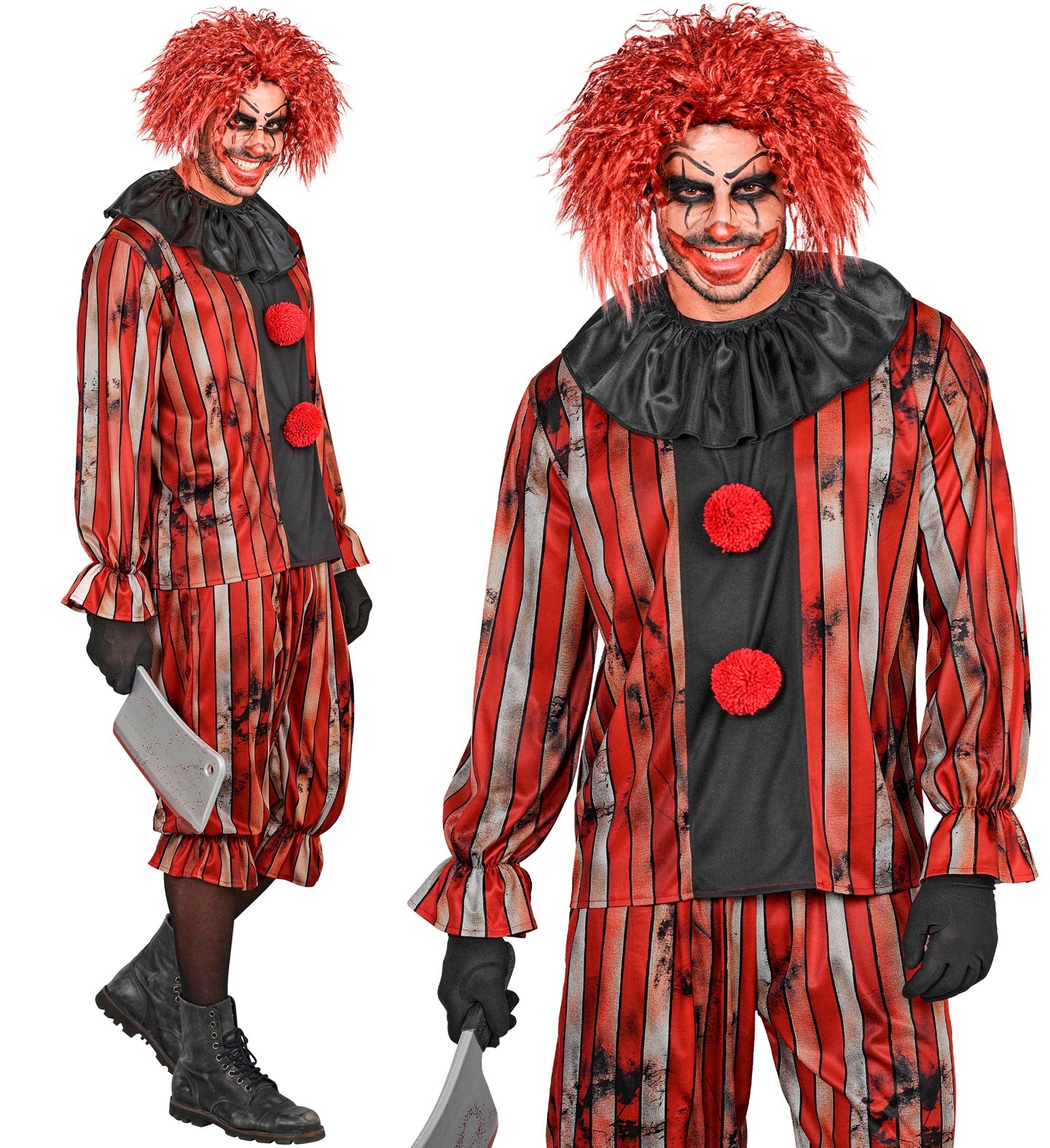 A split photo showing a male model wearing a creepy vintage wicked clown costume. On the left, he is viewed in a full-length profile holding a toy cleaver; on the right, a closer crop showing his scary clown makeup, red wig, and the oversized red pom-poms on the costume's coat.