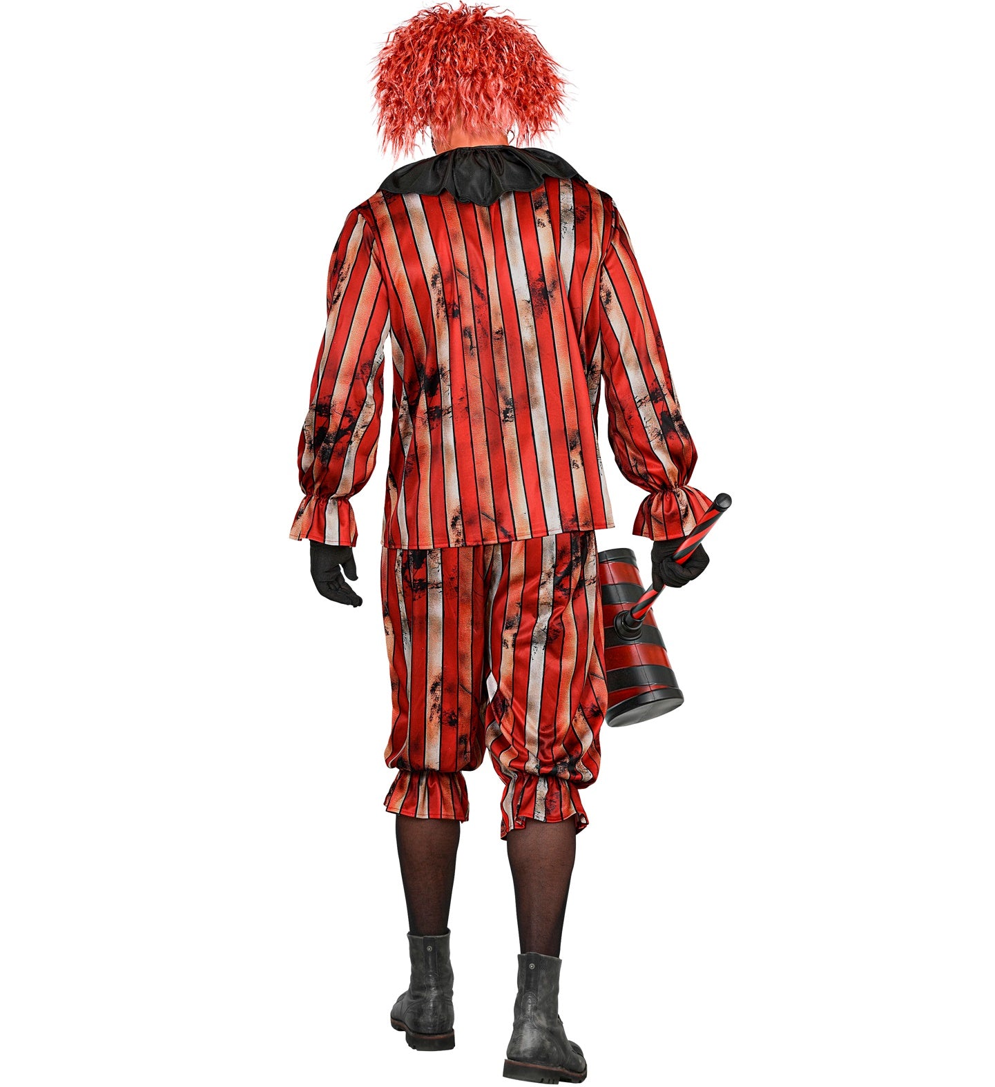 The back view of a man wearing a wicked clown fancy dress costume holding a giant toy hammer, showing the distressed red and black striped design on the back of the coat and pants, the black neck ruff, and a messy red clown wig.