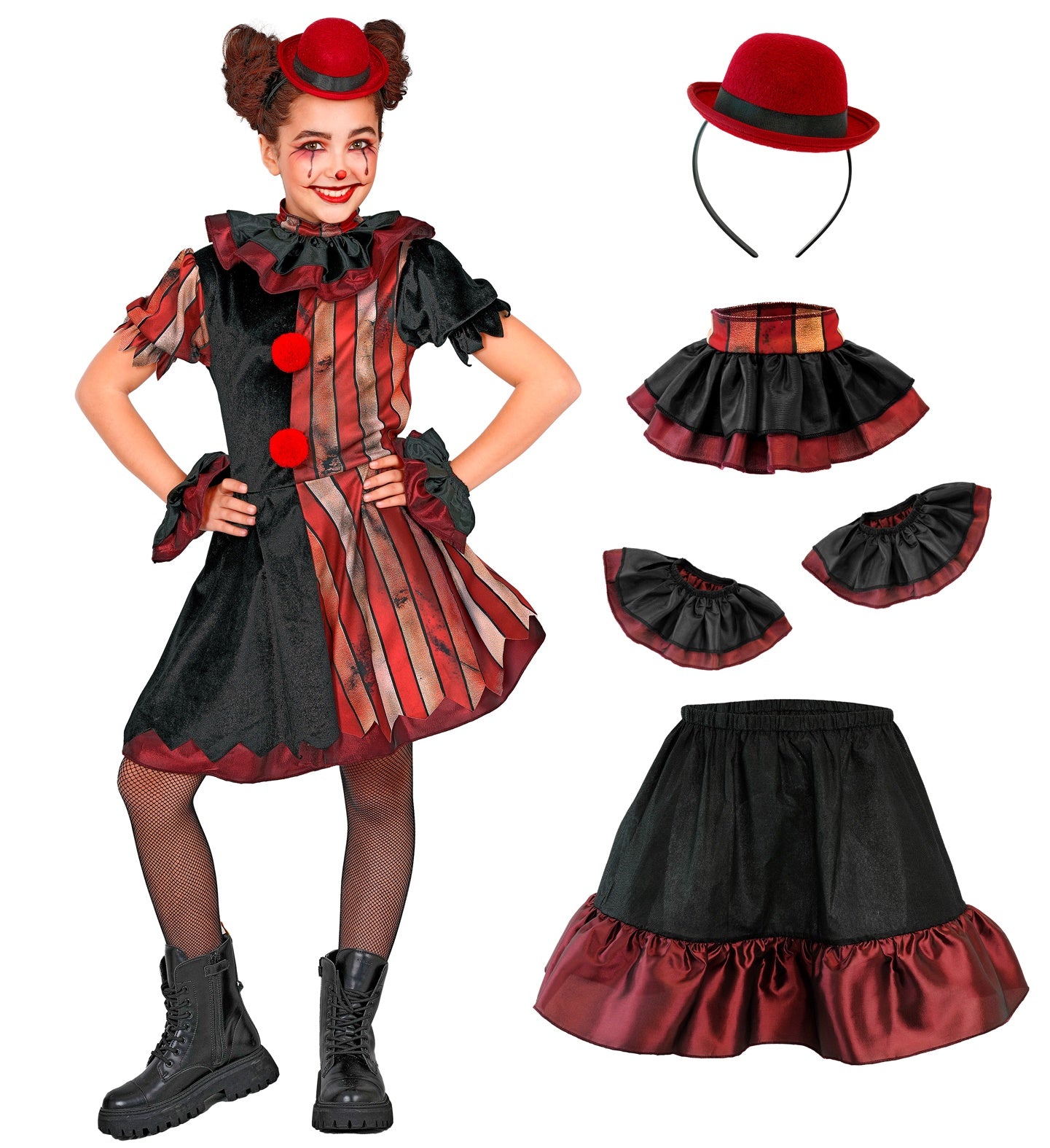A multi-panel collage highlighting the details of a kids' wicked clown costume, showing close-ups of the printed striped fabric with a red pom-pom, the double-layered collar and cuffs, the black pettiskirt with red trim, and the puff sleeves with tattered hem details.