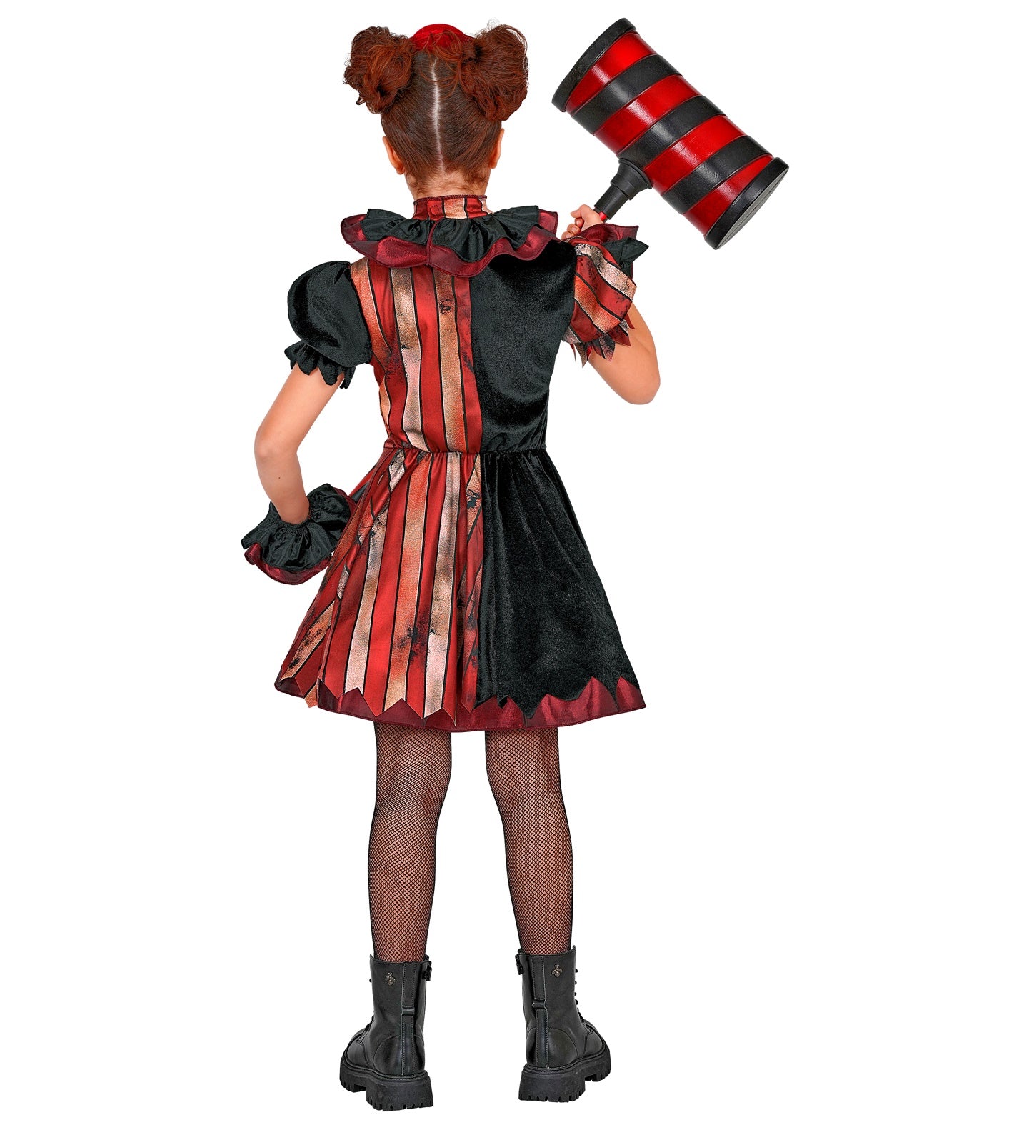 The back view of a child wearing a wicked clown fancy dress costume holding a giant toy hammer over her shoulder, showing the split red and black design on the back of the dress, the ruffled neck collar, puff sleeves, and a red mini bowler hat.