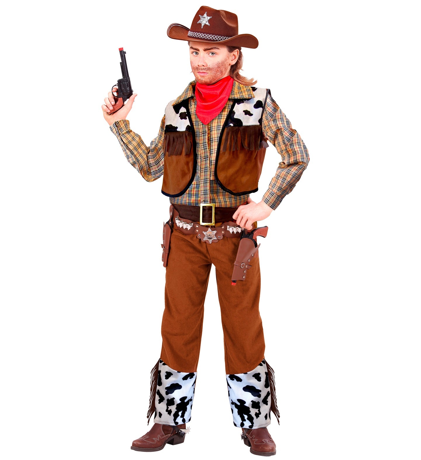 A boy dressed in a Wild West Cowboy Costume with a shirt, waistcoat, trousers, belt, and bandana, holding a toy gun and wearing a cowboy hat.
