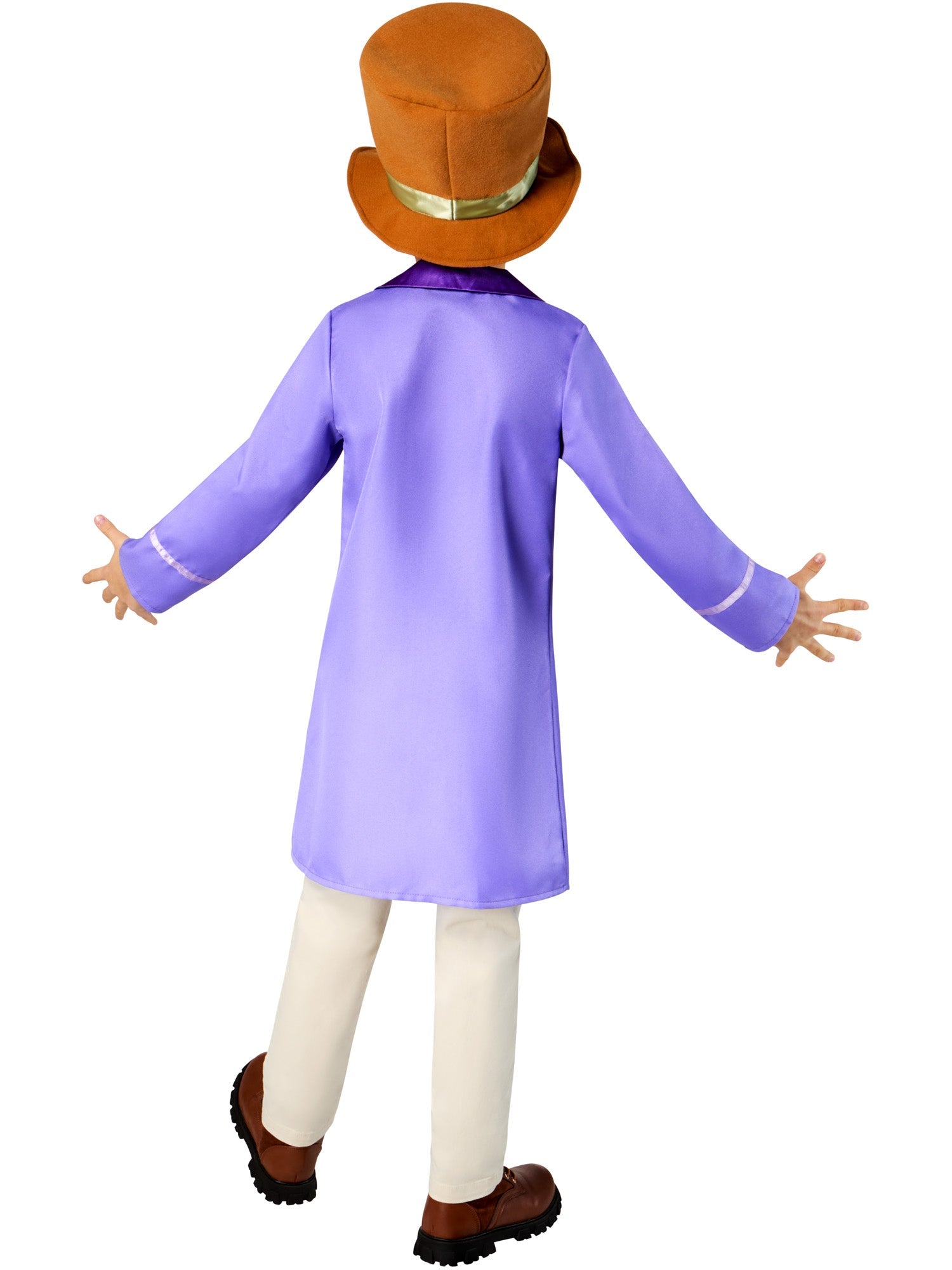 The back of the child's Willy Wonka costume showing the long purple jersey fabric coat and top hat.