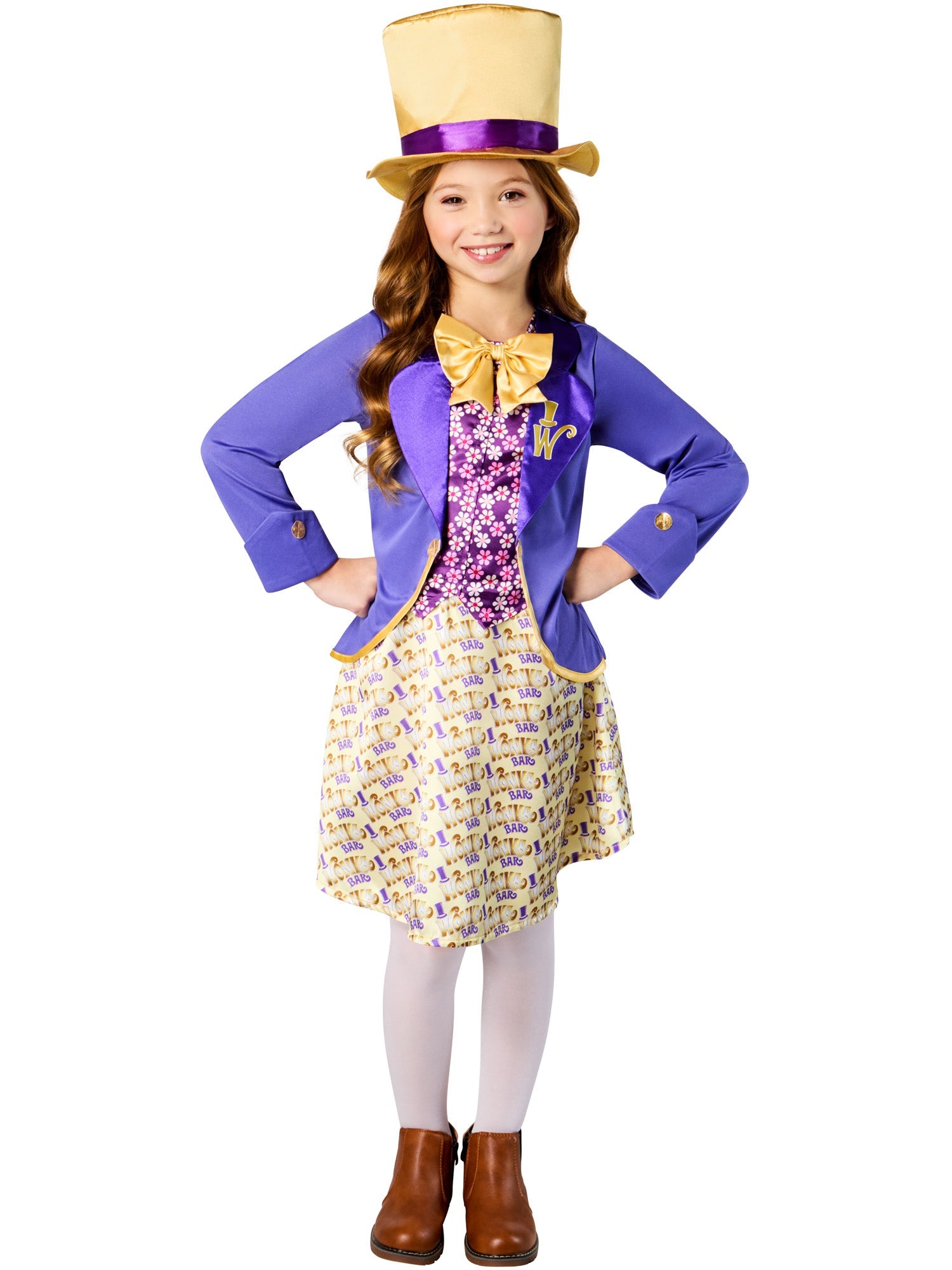 A happy child posing in a girls' Willy Wonka dress and gold top hat, ready for a chocolate factory adventure.