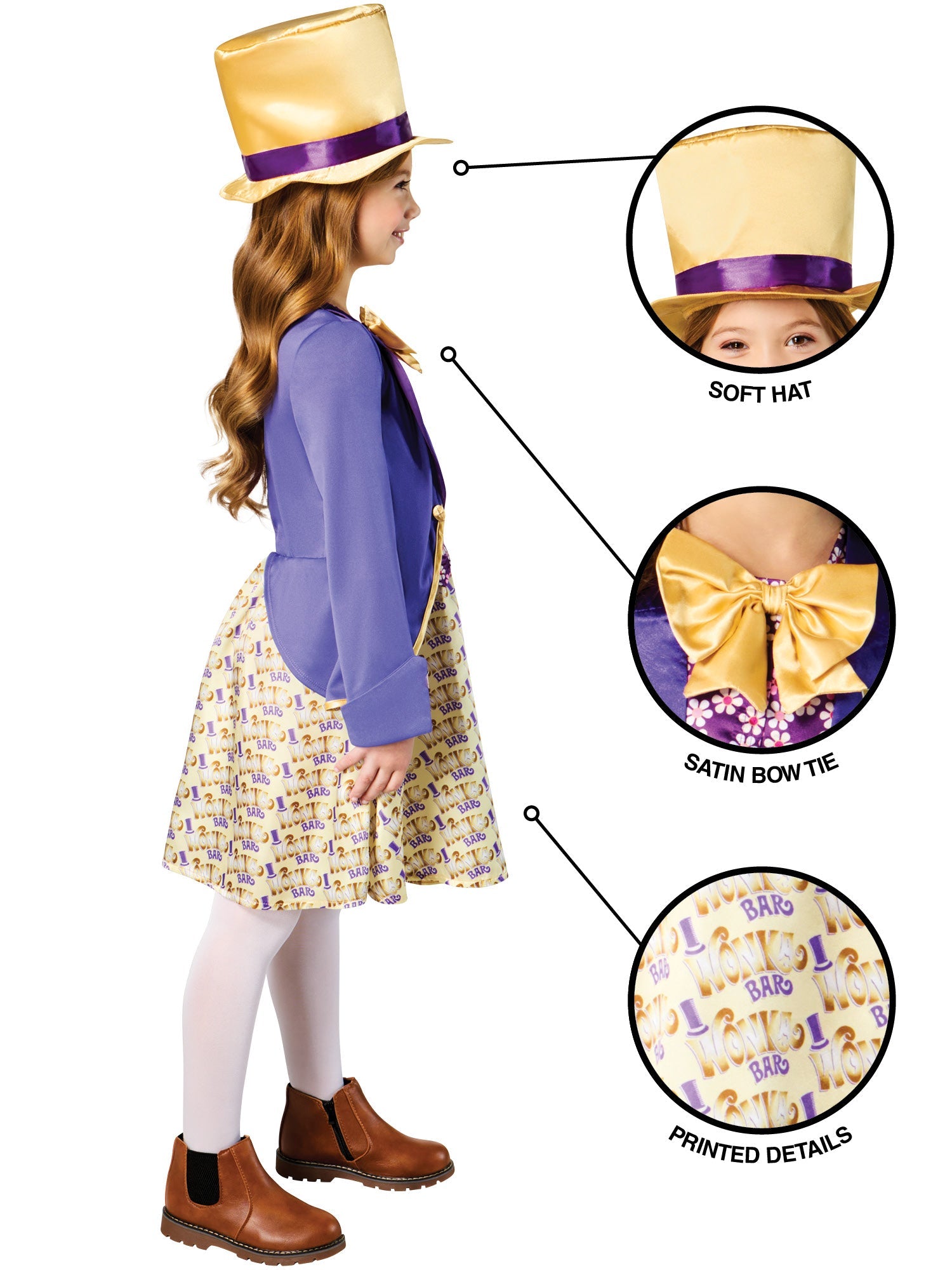 Child wearing a costume with a soft hat, satin bow tie, and printed details, with close-up insets of the hat and bow tie.