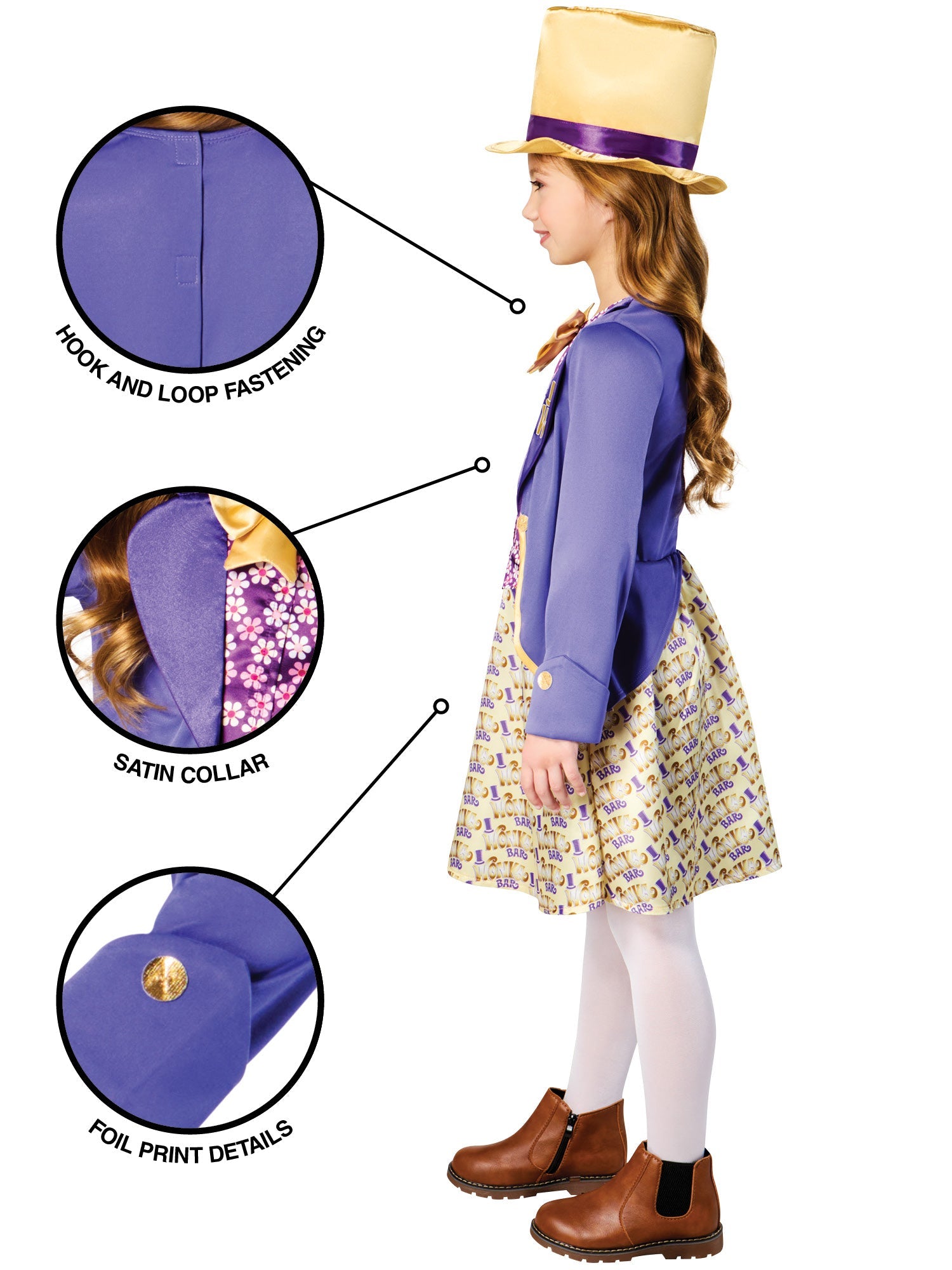 Close-up of the Willy Wonka girls' costume highlighting the satin collar, gold "W" lapel detail, and floral vest.
